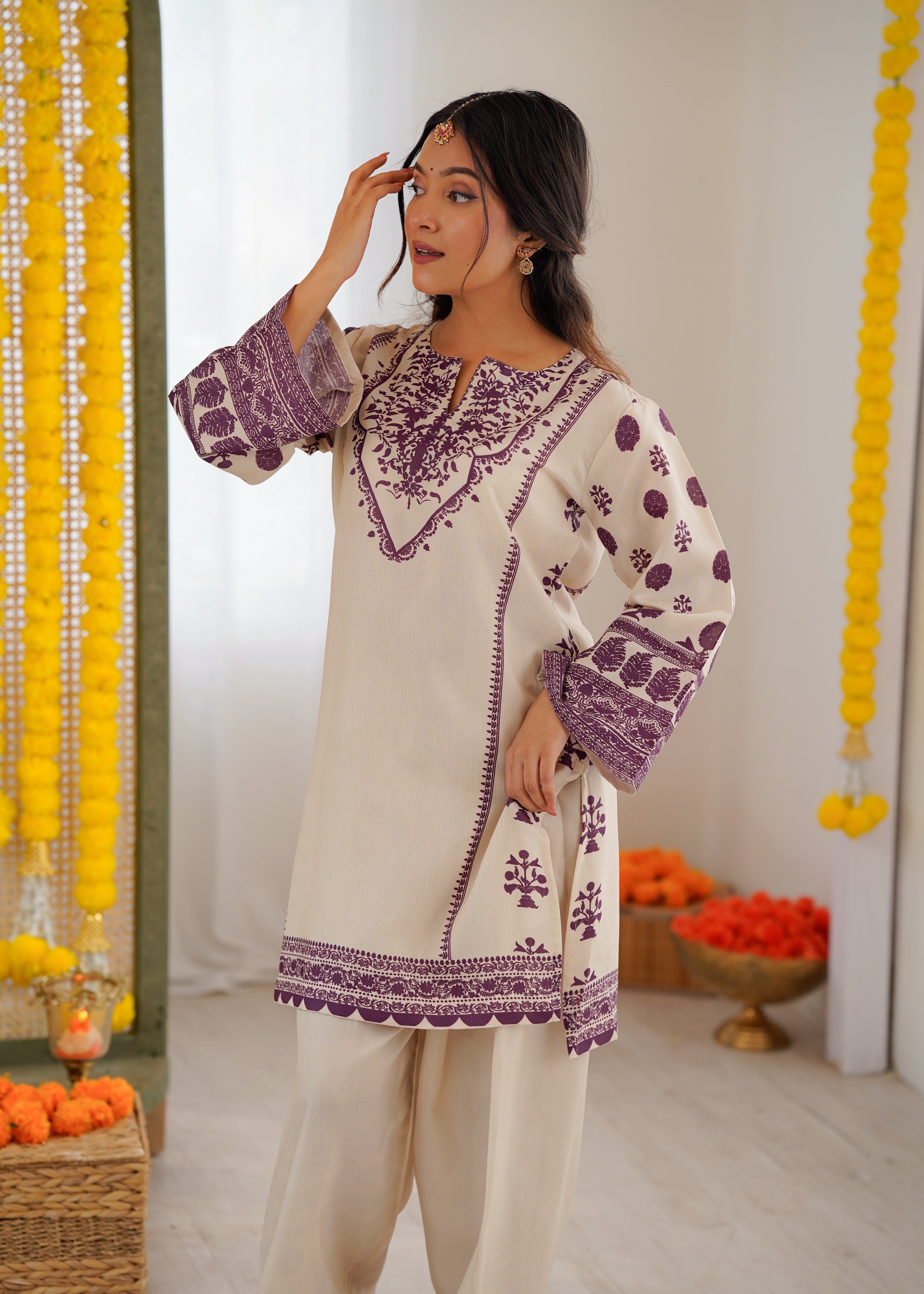 Arti in Lawn Cotton Shimmer Printed Cord Set with Farsi Bottom - Ivory