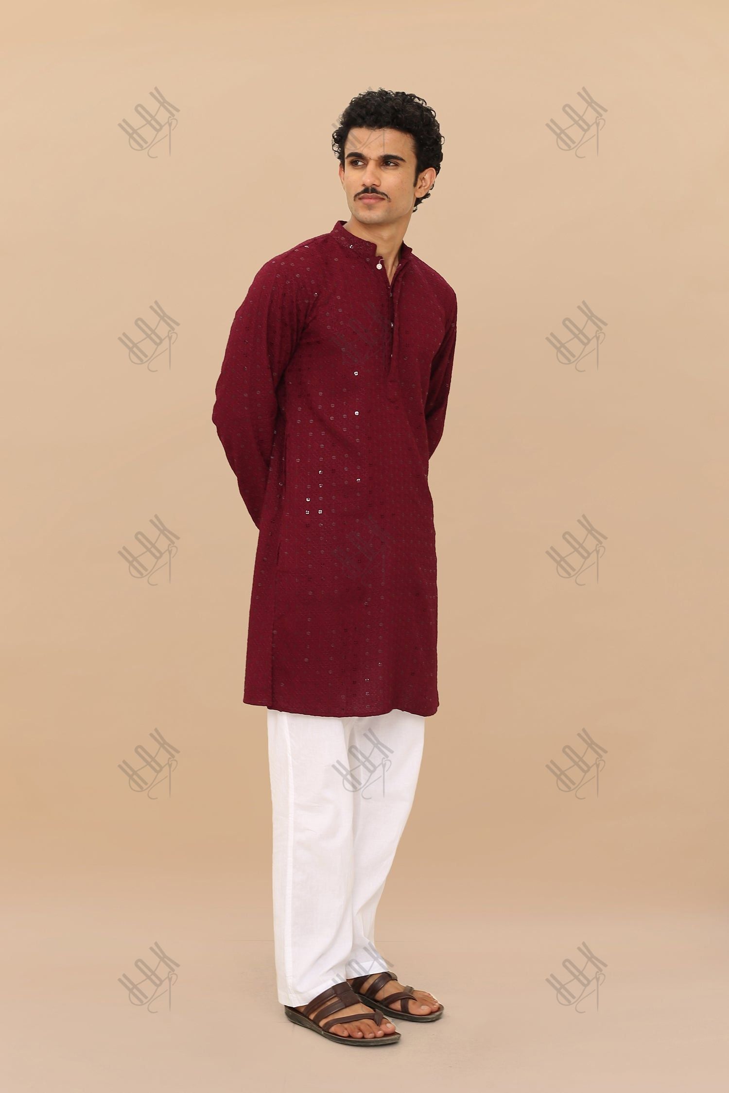 Men's Kurta In  Chikankari Rayon   - Wine