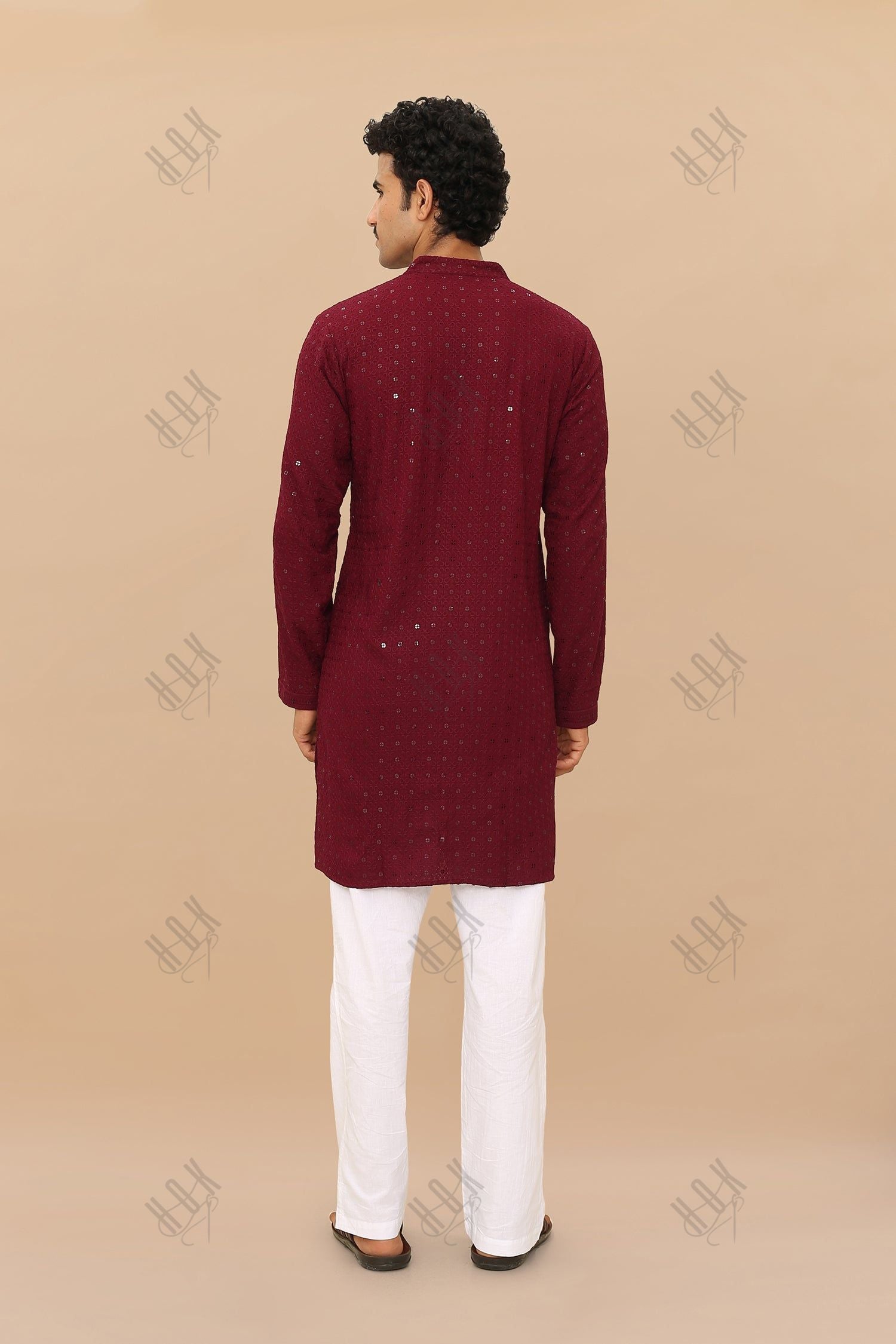 Men's Kurta In  Chikankari Rayon   - Wine