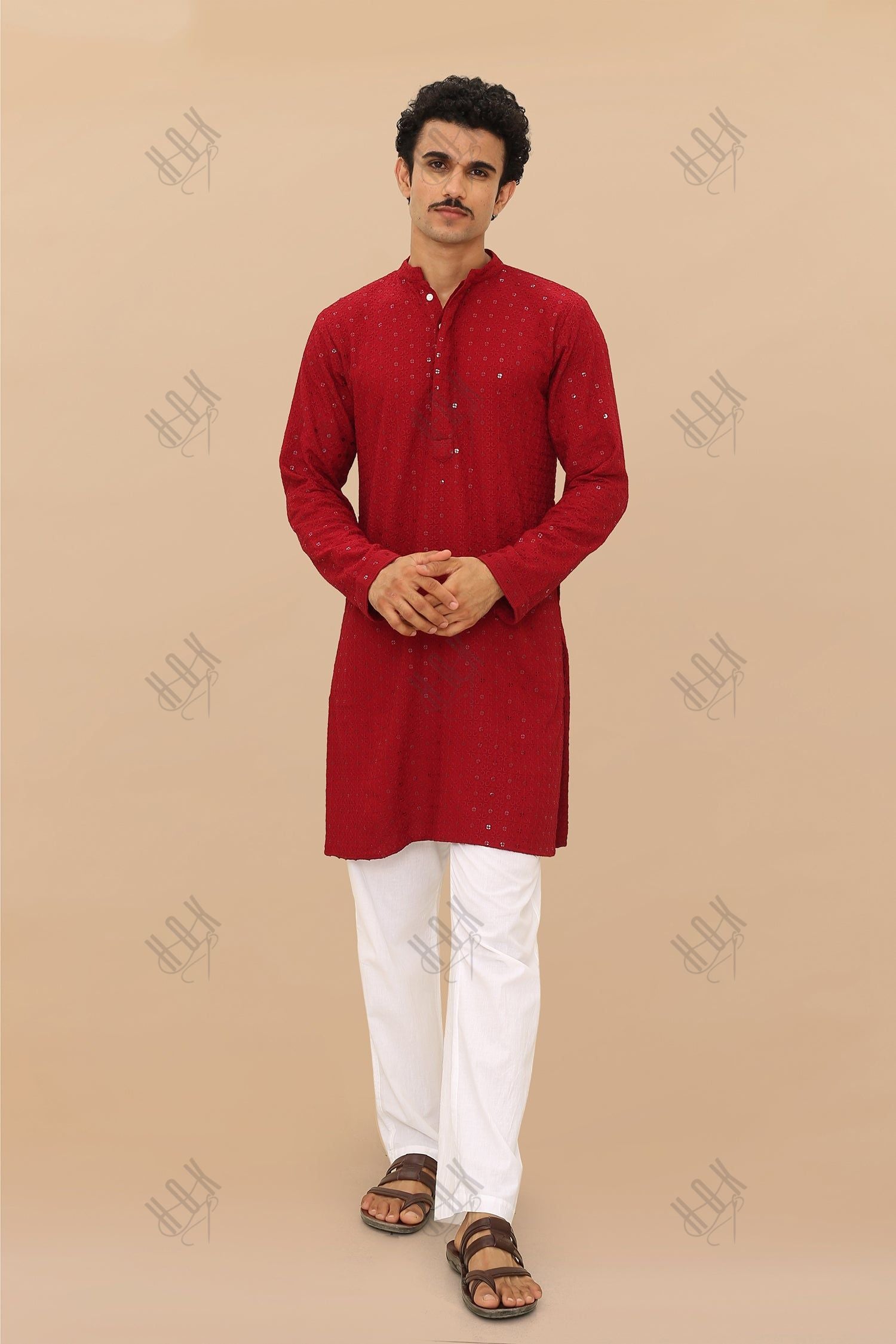 Men's Kurta In  Chikankari Rayon   - Maroon