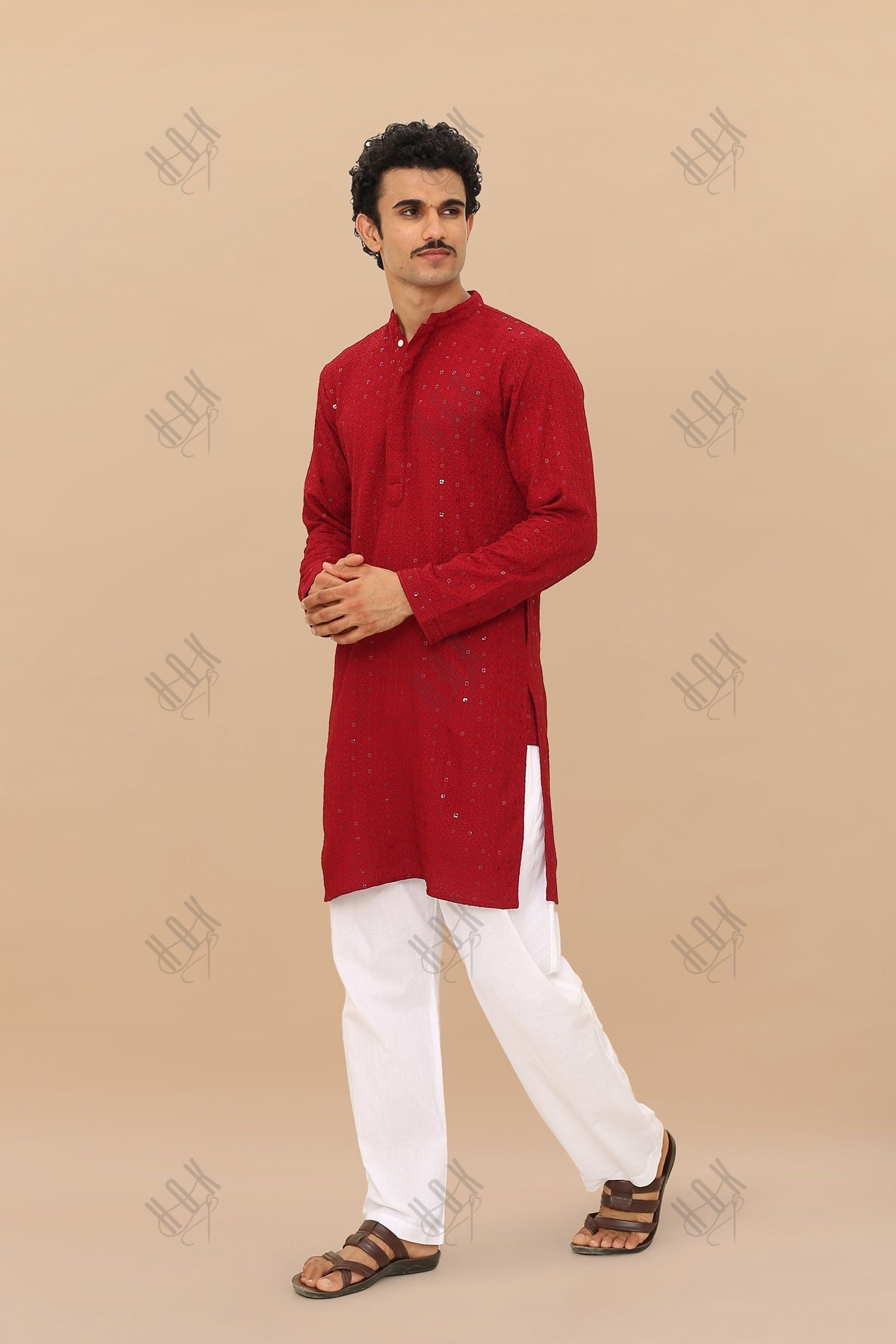 Men's Kurta In  Chikankari Rayon   - Maroon