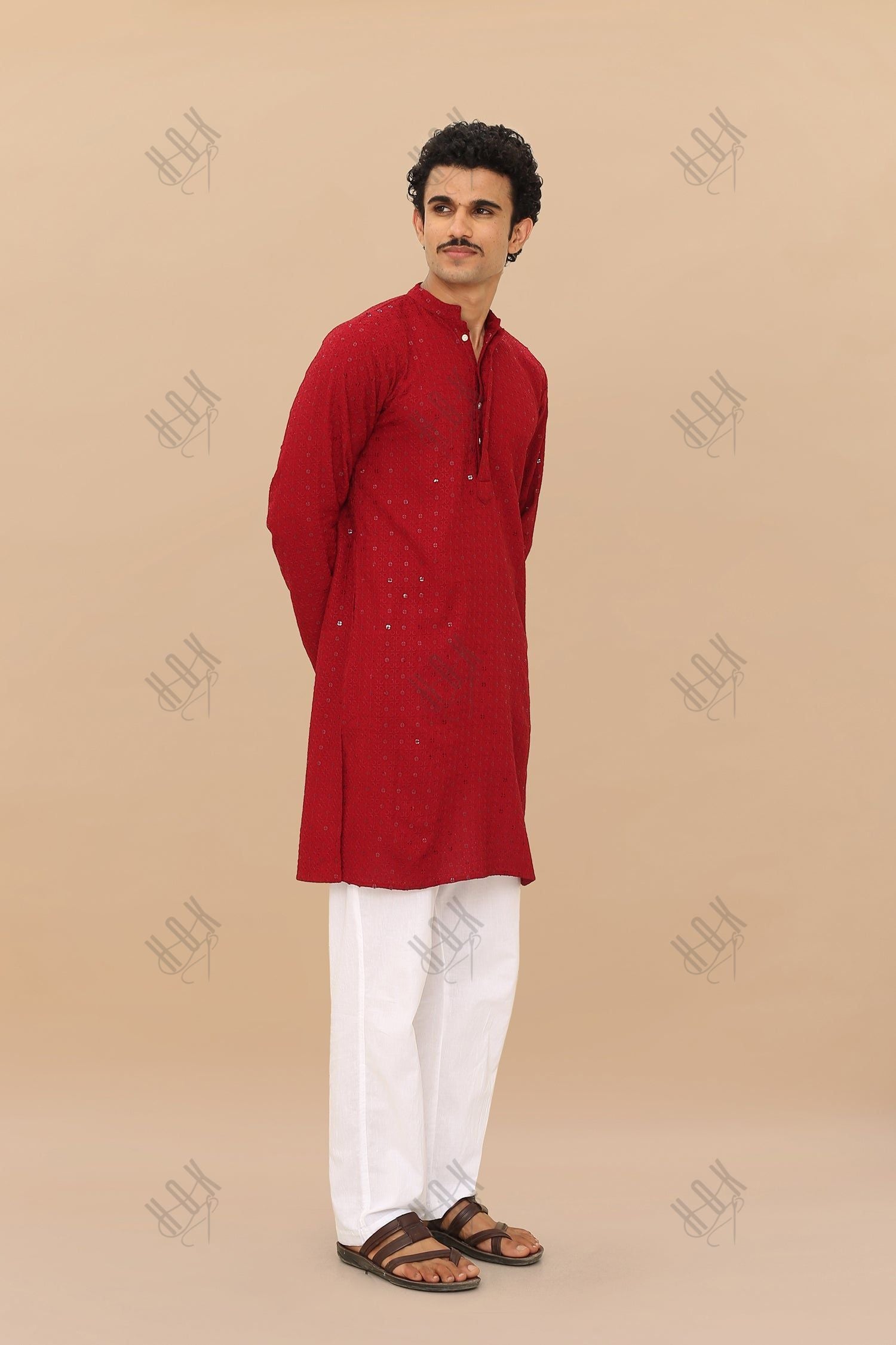 Men's Kurta In  Chikankari Rayon   - Maroon