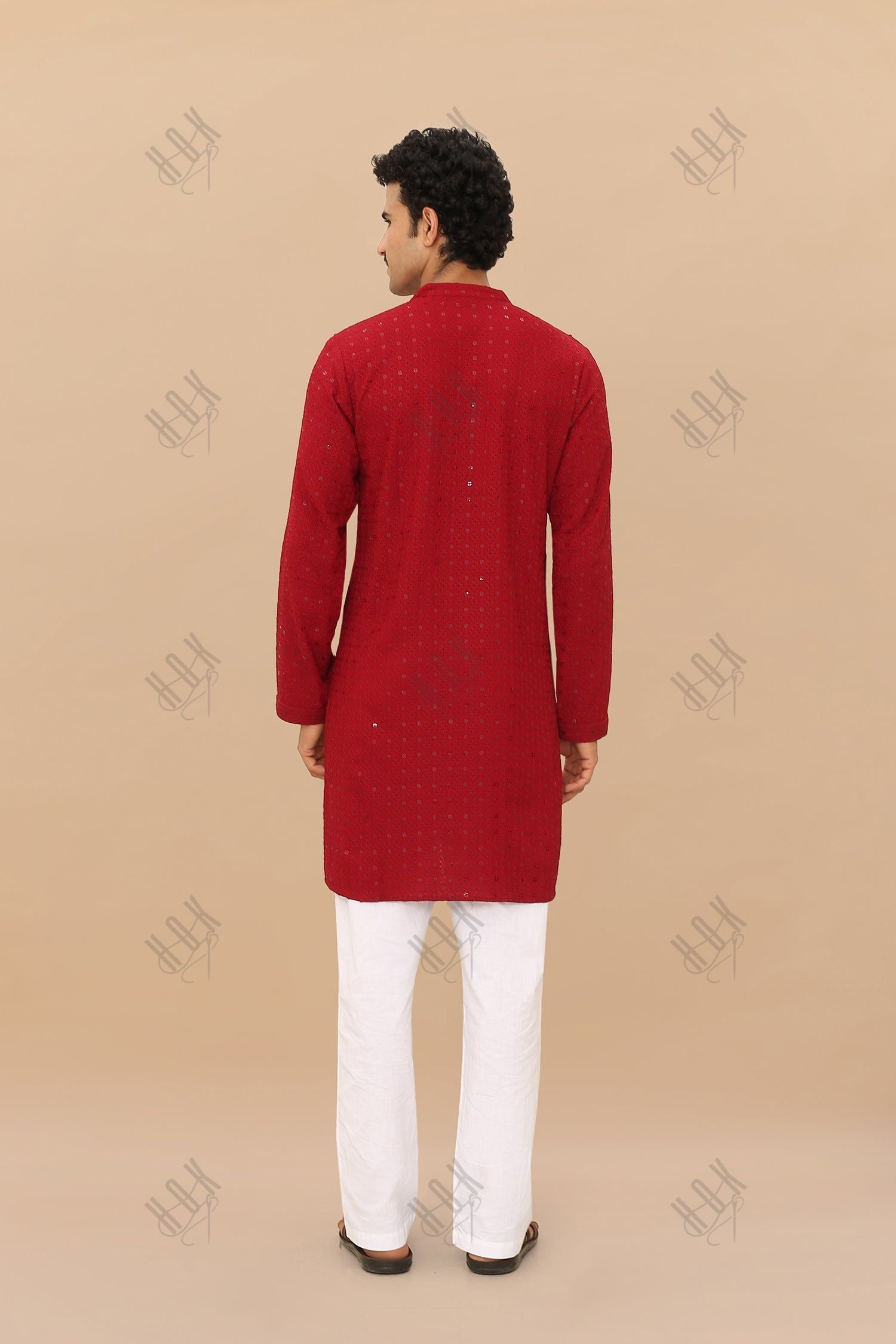 Men's Kurta In  Chikankari Rayon   - Maroon