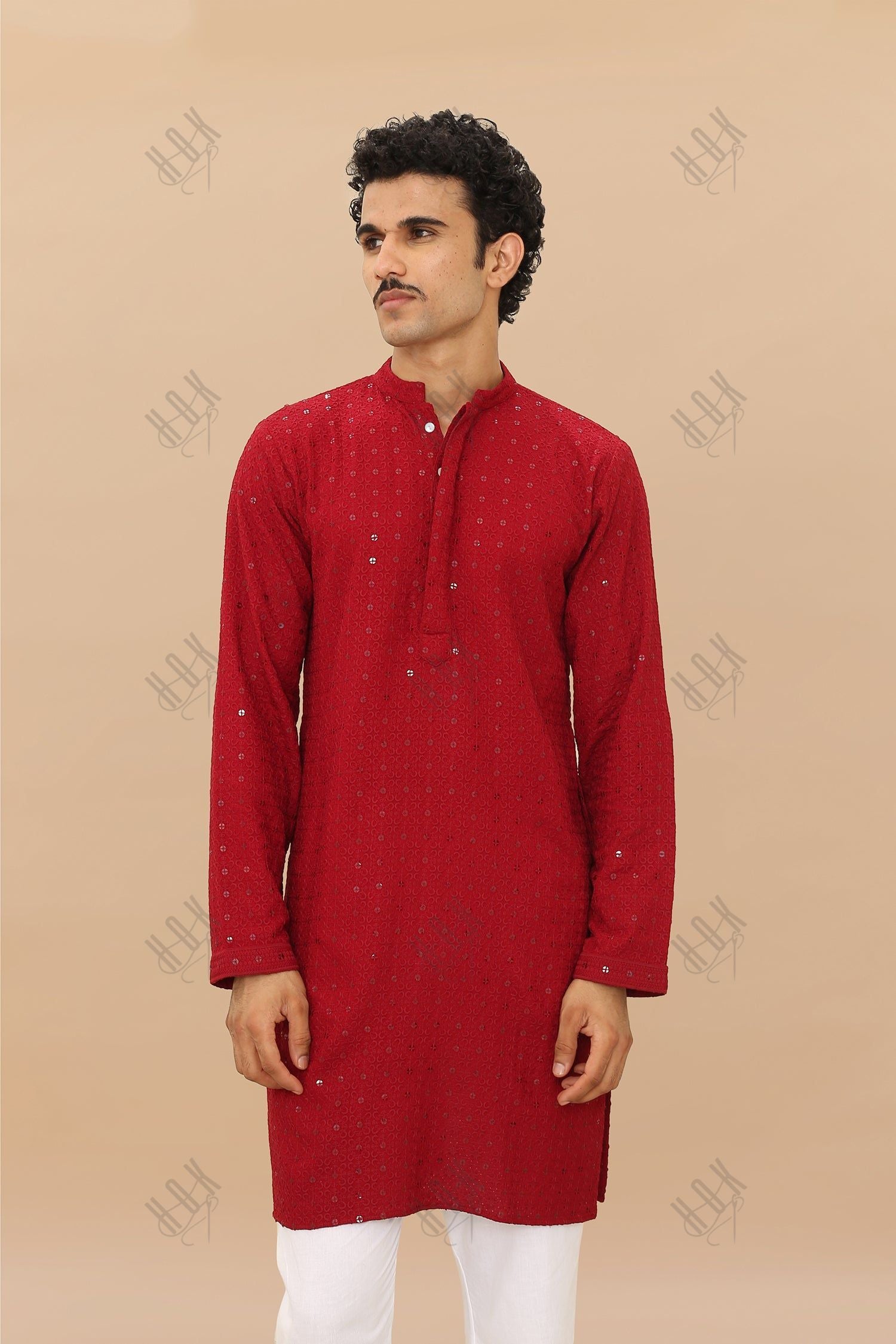 Men's Kurta In  Chikankari Rayon   - Maroon