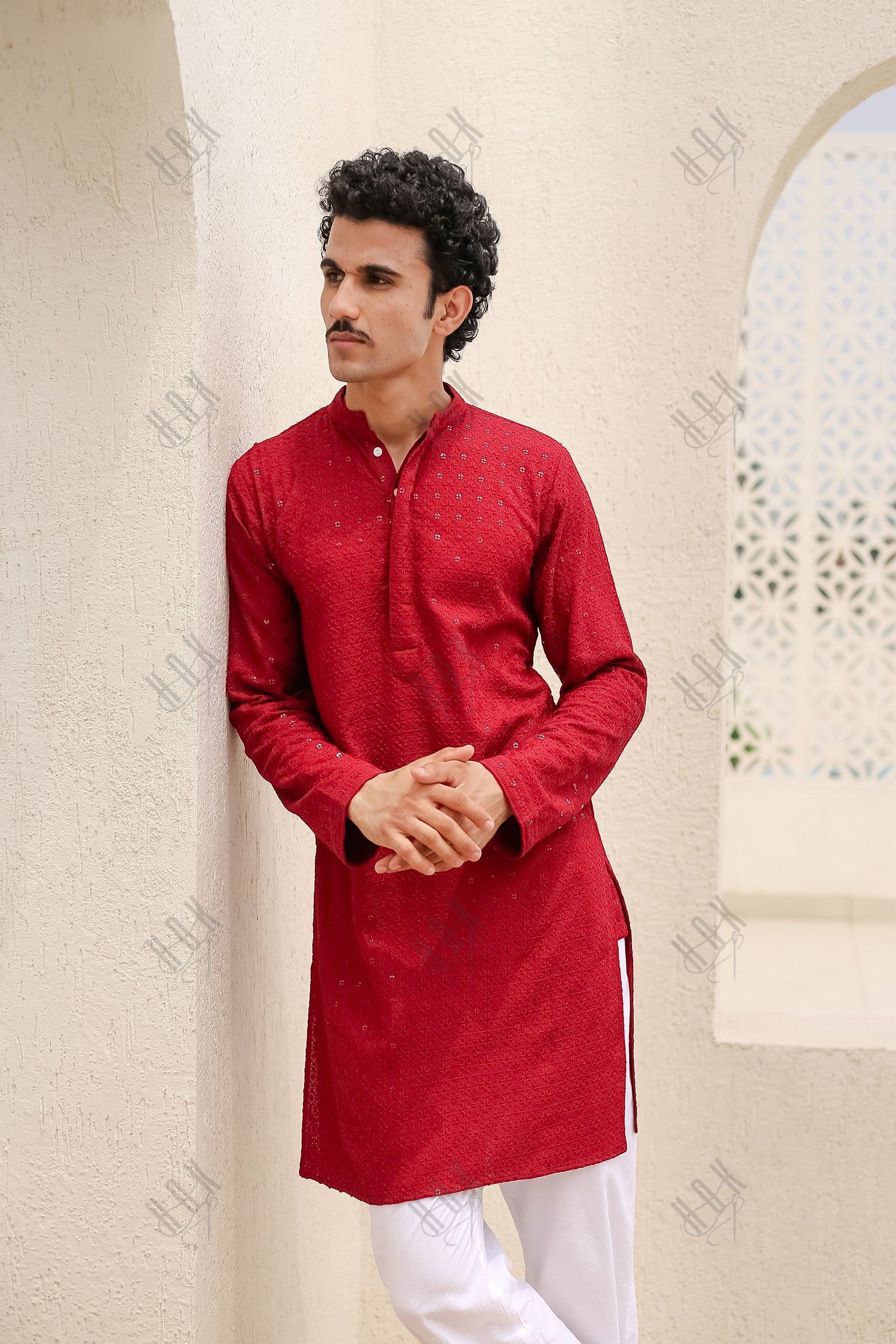 Men's Kurta In  Chikankari Rayon   - Maroon