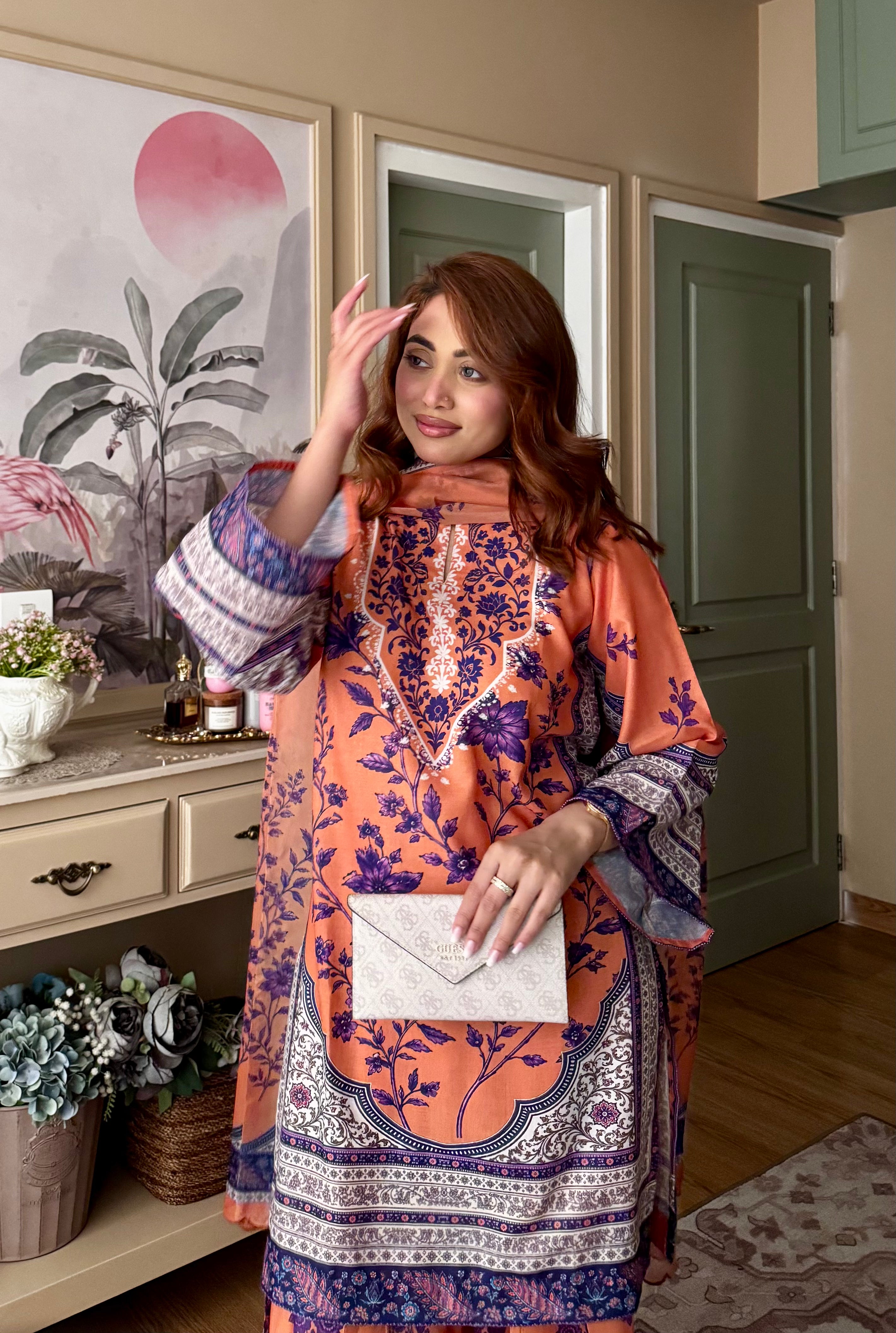 Ishita In Lawn Cotton Printed Co-ord set - Apricot orange