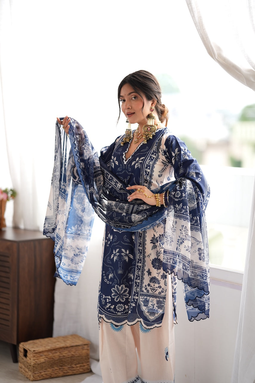 Arti in Lawn Cotton Printed Co-ord set - White with blue