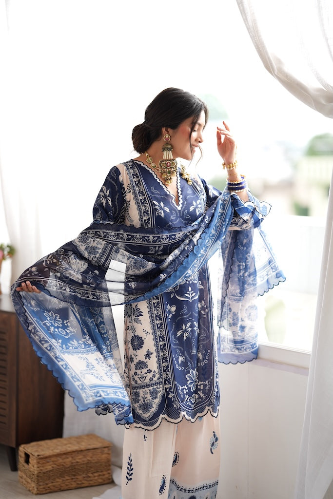 Arti in Lawn Cotton Printed Co-ord set - White with blue