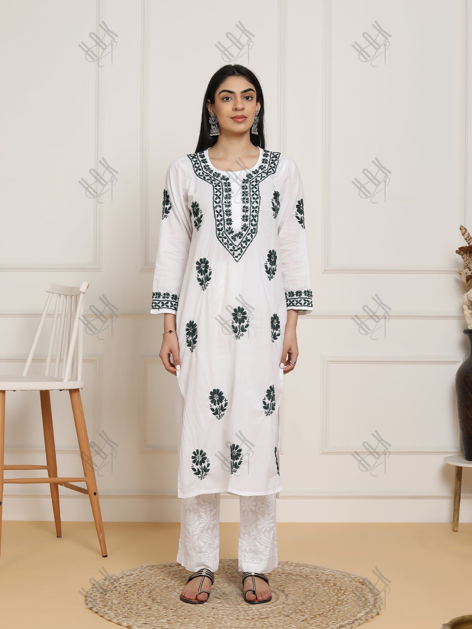 Saba Chikankari Set in Mul cotton Kurta for Women - White with Black