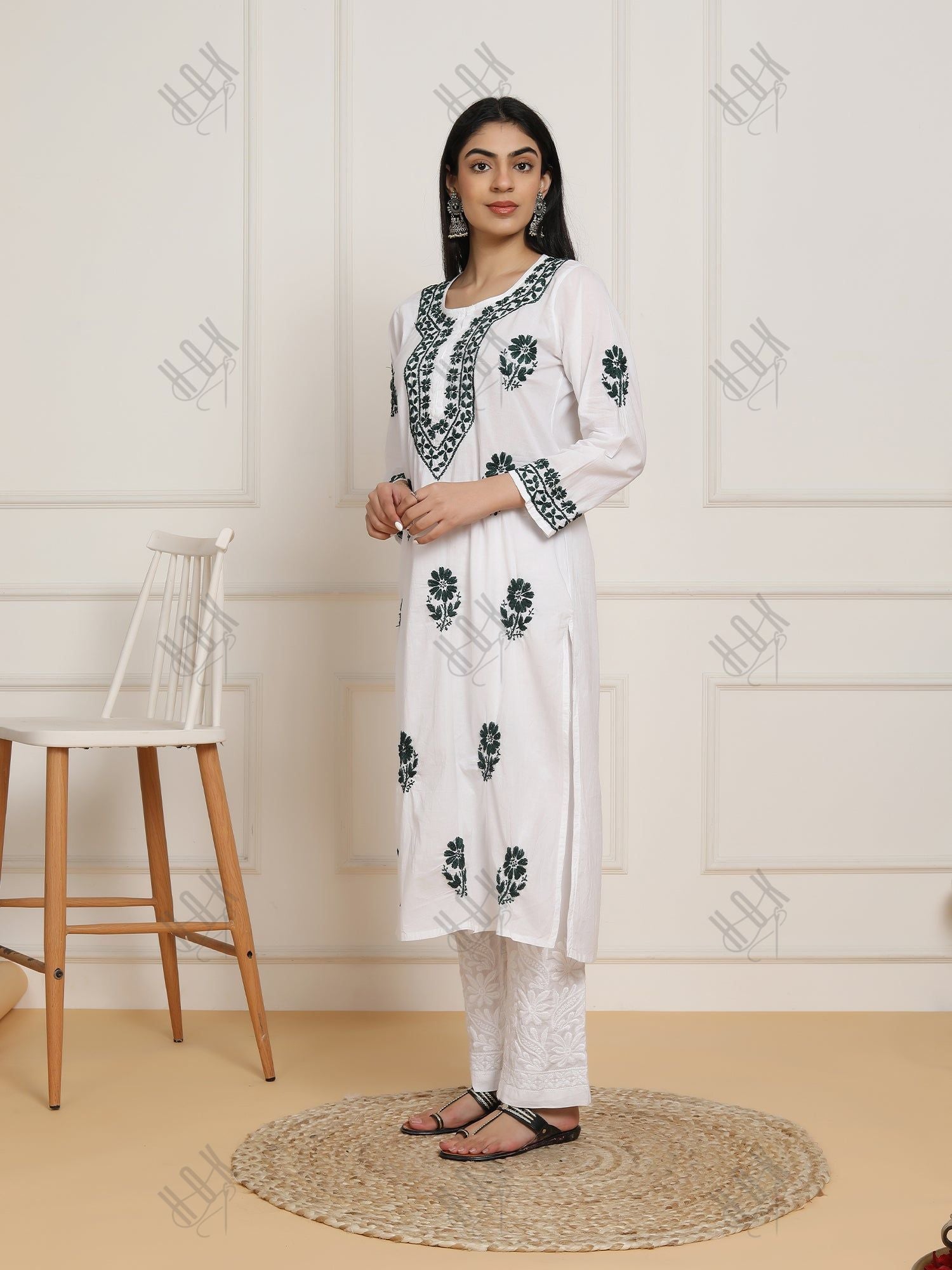 Saba Chikankari Set in Mul cotton Kurta for Women - White with Black