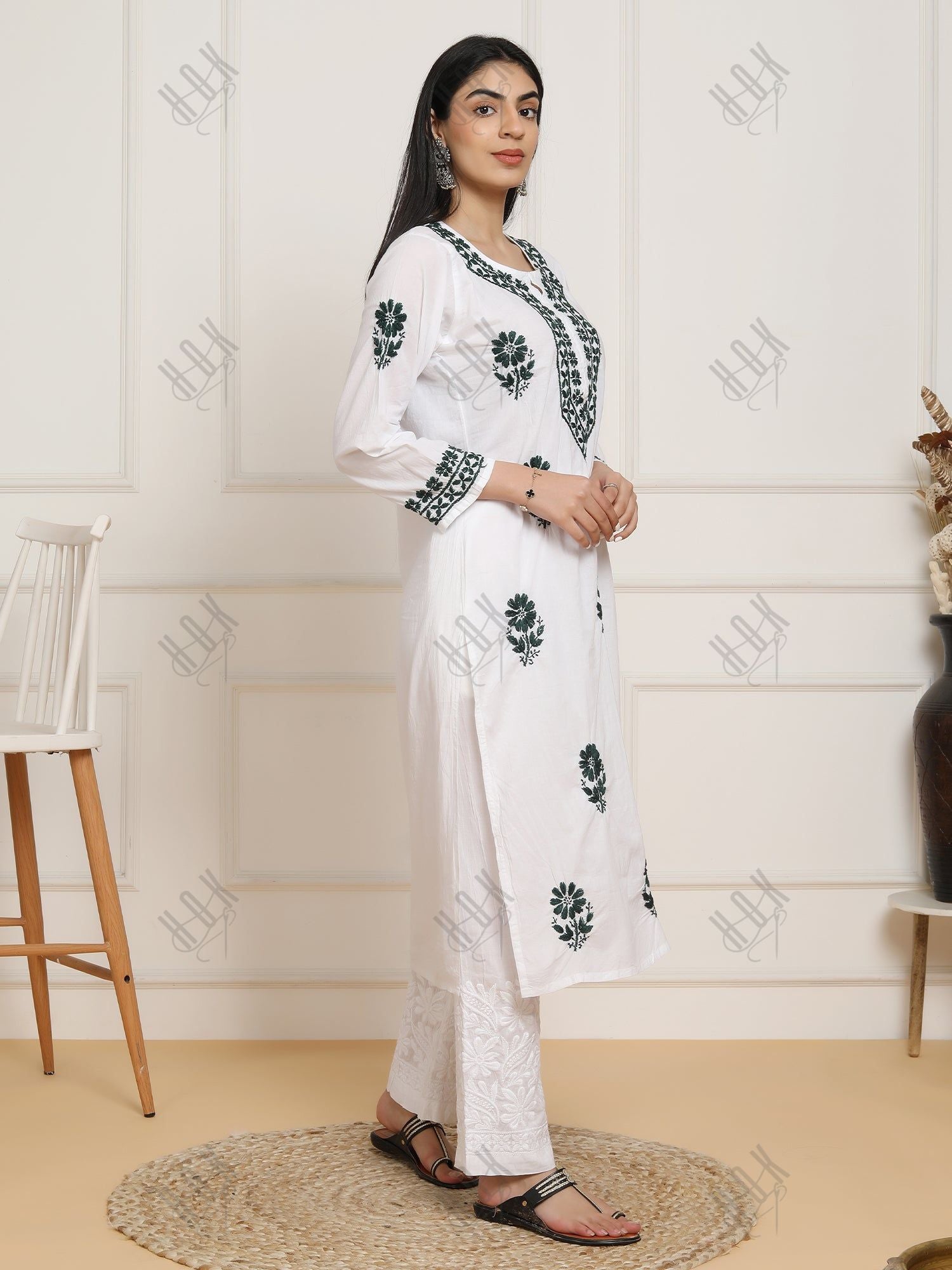 Saba Chikankari Set in Mul cotton Kurta for Women - White with Black