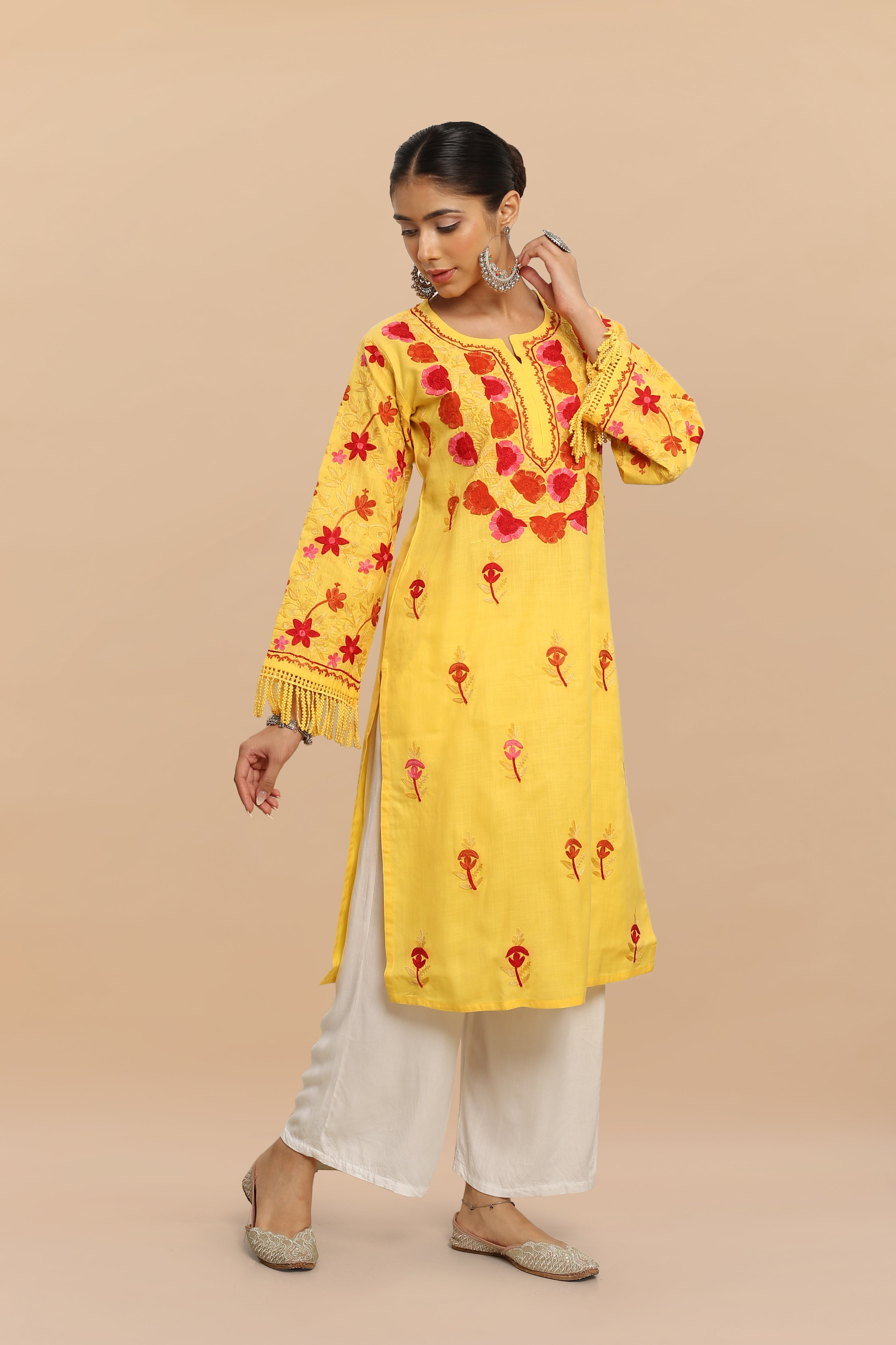 Falak Kashmiri Long Kurta - Yellow