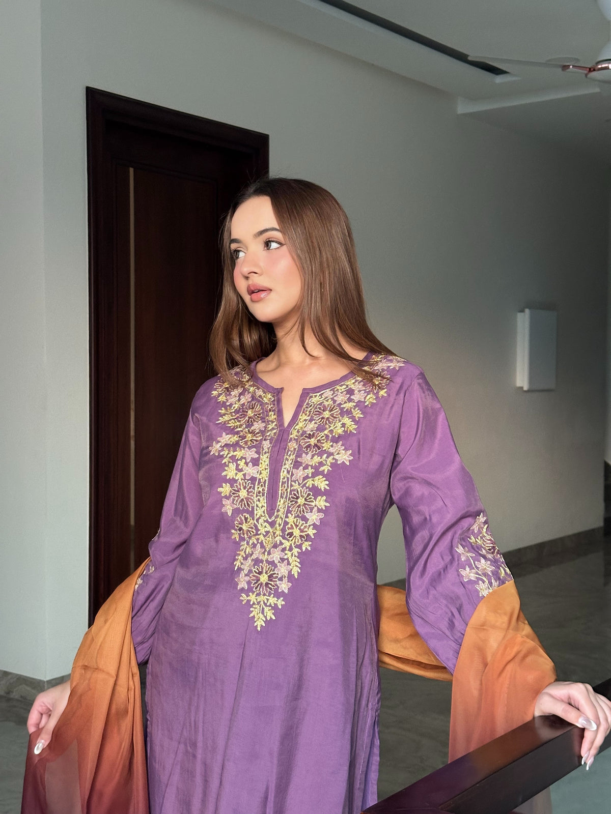 Bhavya in Kashmiri Zari Aari Mul Chanderi Straight Pant Kurta Set in Lavender