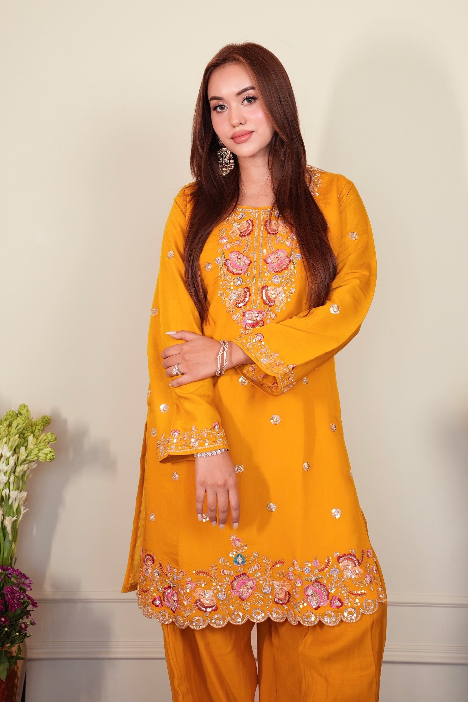 Mix Sequin Mul Chanderi Silk Embroidered Kurta Set - Mustard