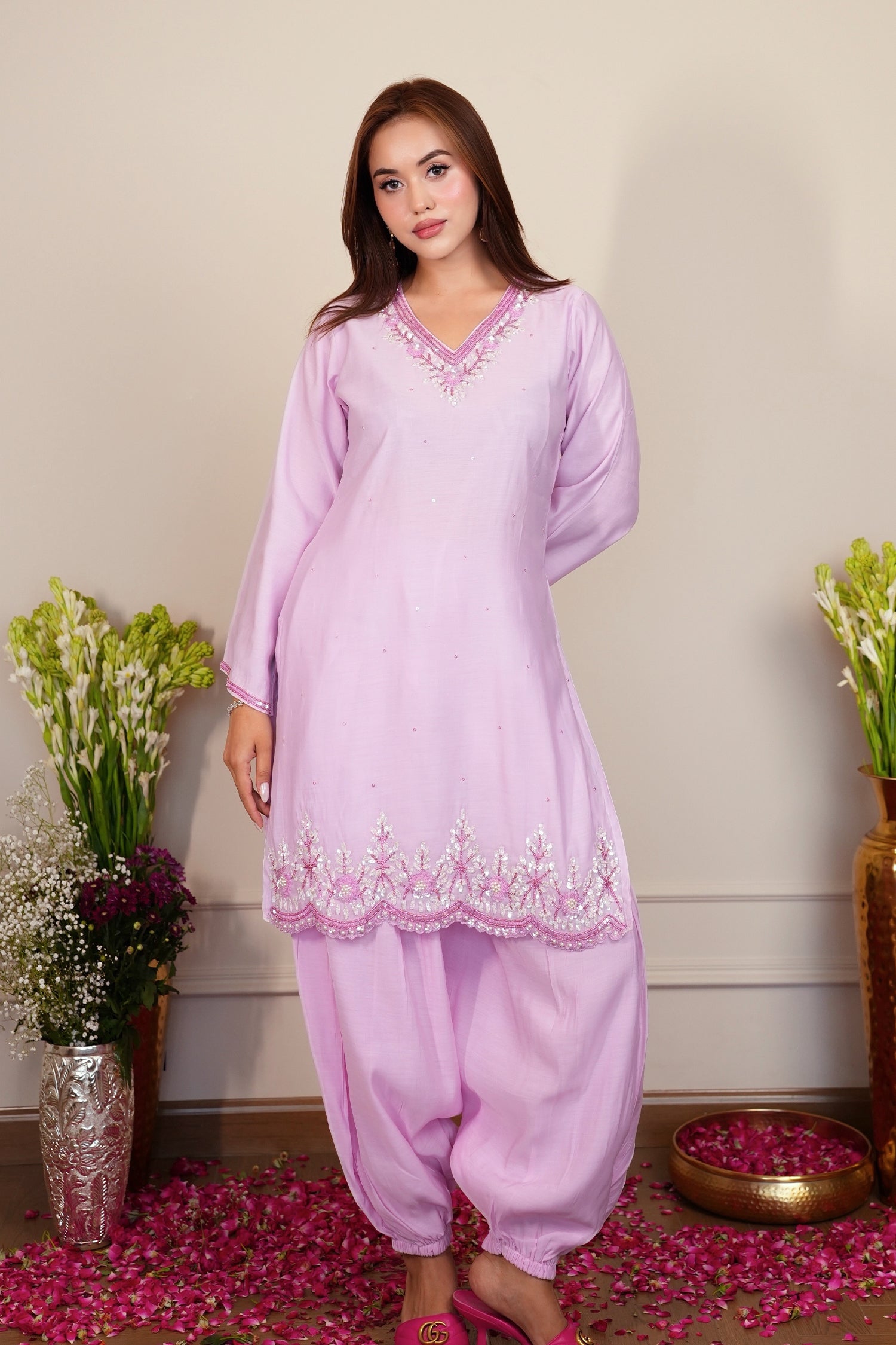 Pure Sequin Mul Chanderi Silk Embroidered Kurta Set - Pastel Pink