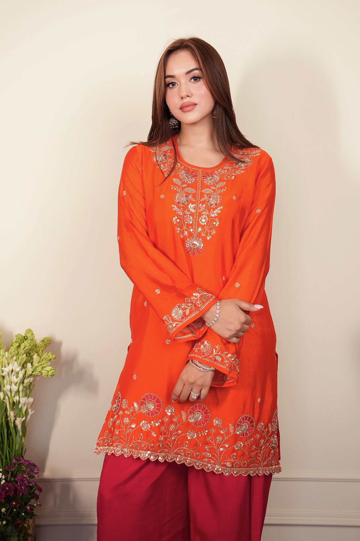 Mix Sequin  Chinnon Chiffon Embroidered Kurta Set - Orange Pink Bottom