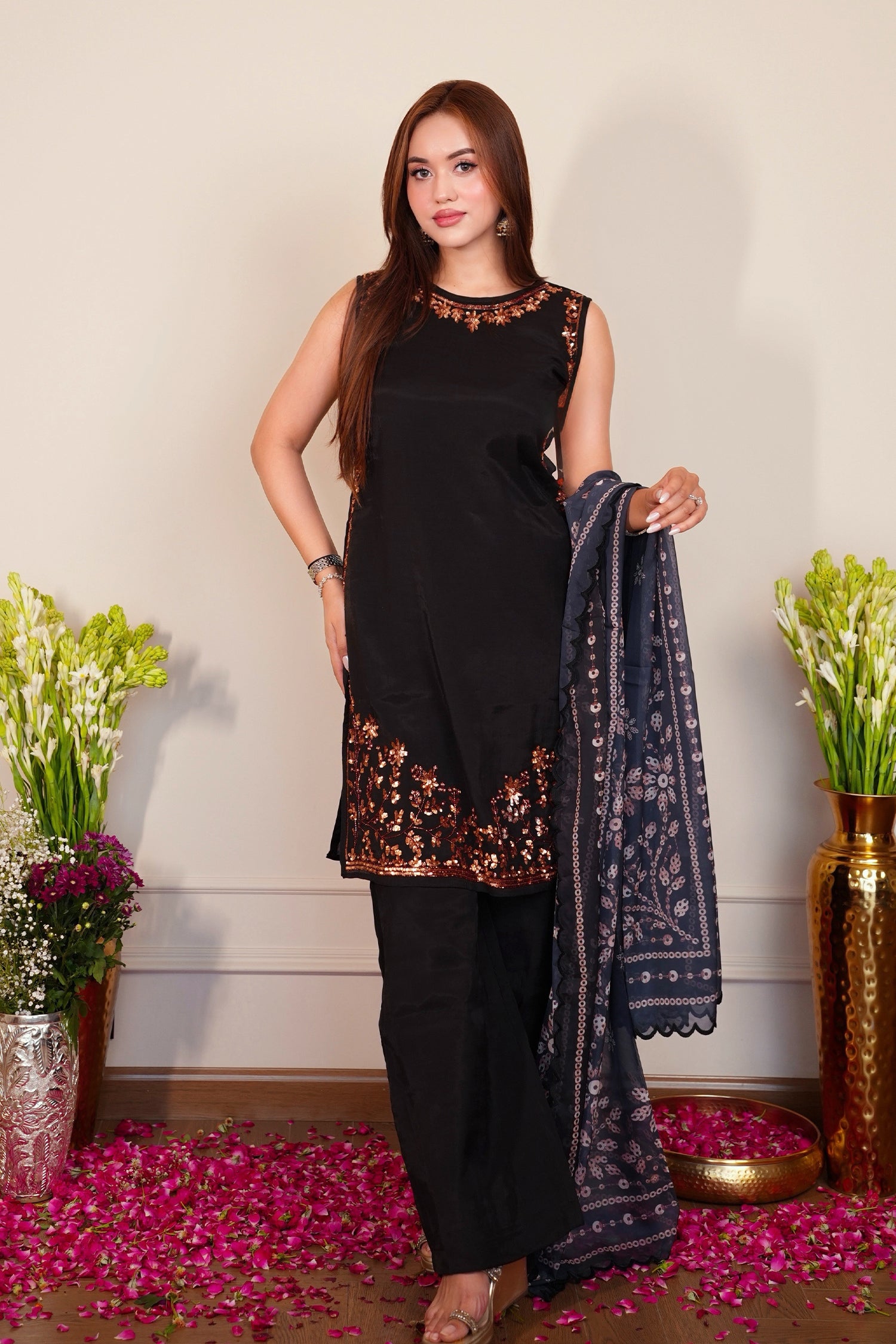 Pure Sequin Mul Chanderi Silk Kurta Set - Black Rose Gold