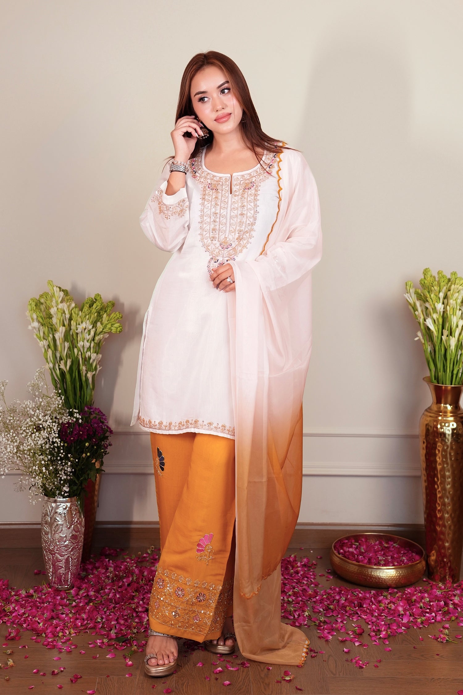 Mix Sequin Mul Chanderi Silk Embroidered Kurta Set - Ivory & Mustard
