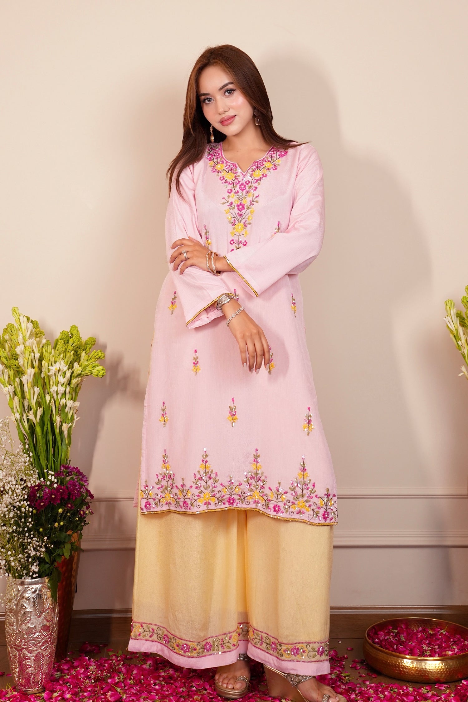 Pure Sequin Chinnon Chiffon Embroidered Kurta Set - Blush Pink