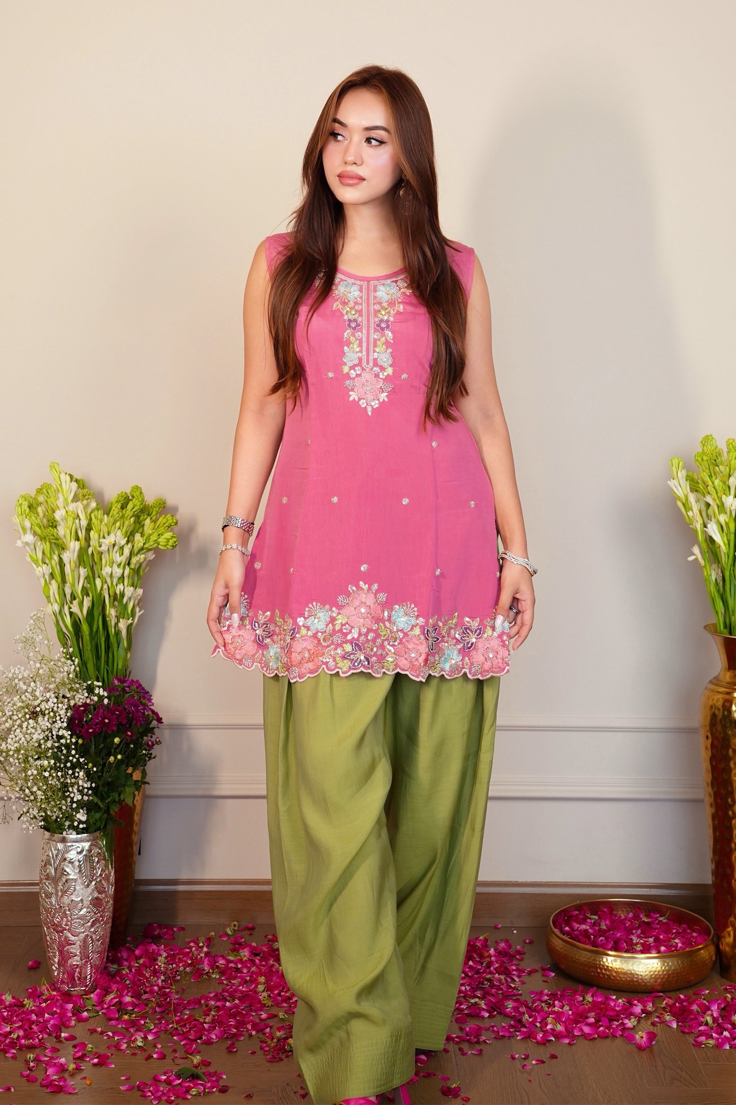 Mix Sequin Mul Chanderi Silk Embroidered Kurta Set - Blush Pink & Olive