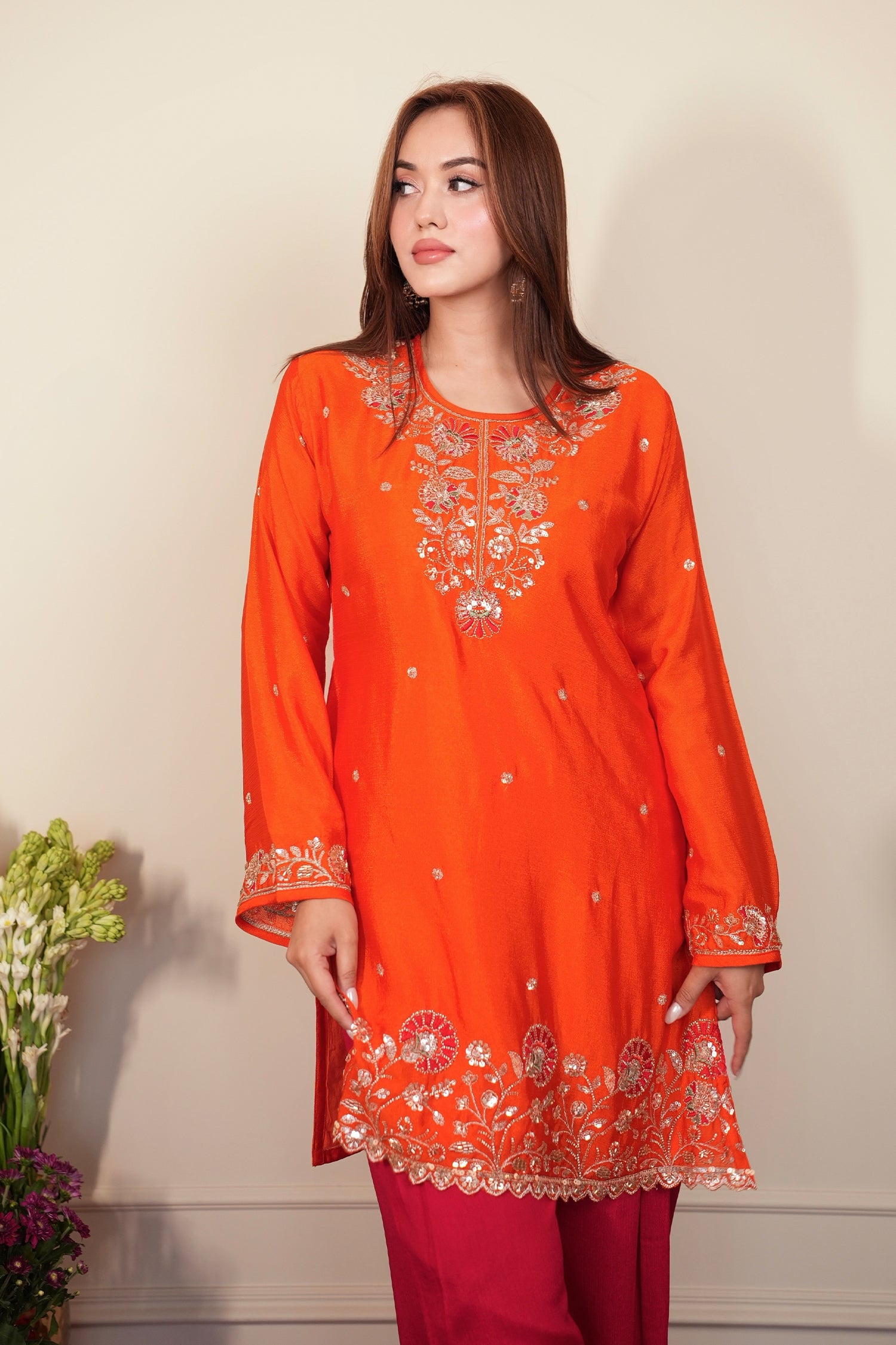 Mix Sequin  Chinnon Chiffon Embroidered Kurta Set - Orange Pink Bottom