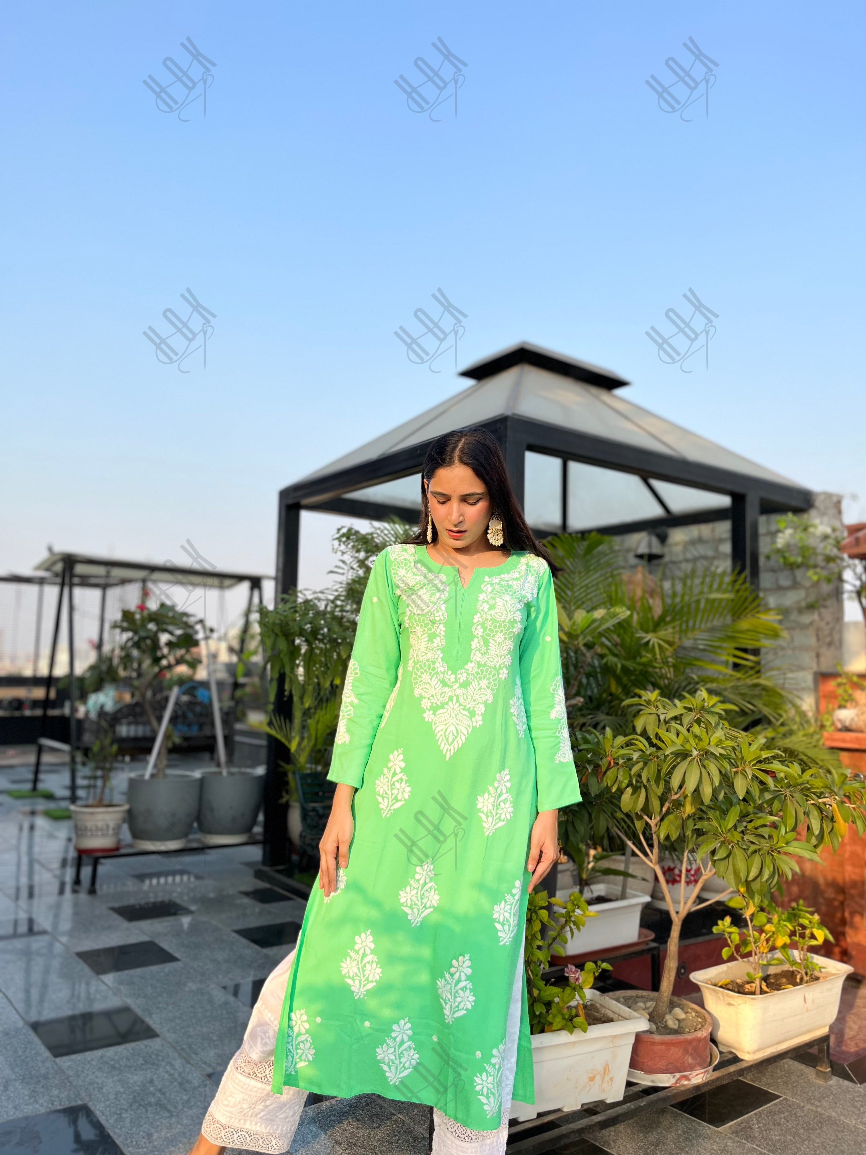 Tarika in Hand Embroidered Chikankari Kurta in Sea Green