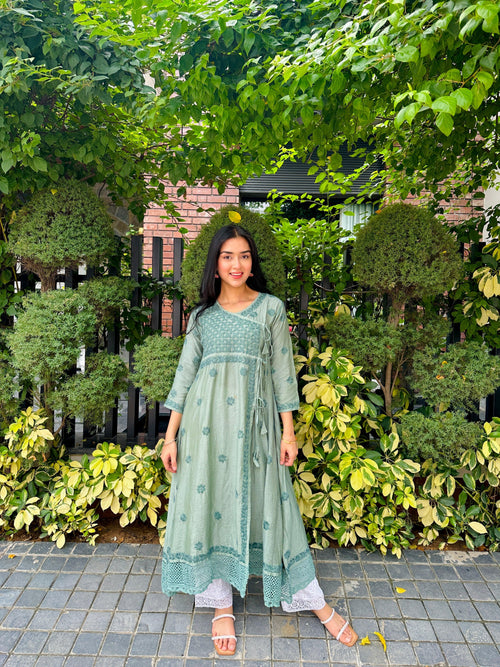 Simran in Chikankari Angrakha Long Kurta in Chanderi Silk for Women - Green - House Of Kari (Chikankari Clothing)