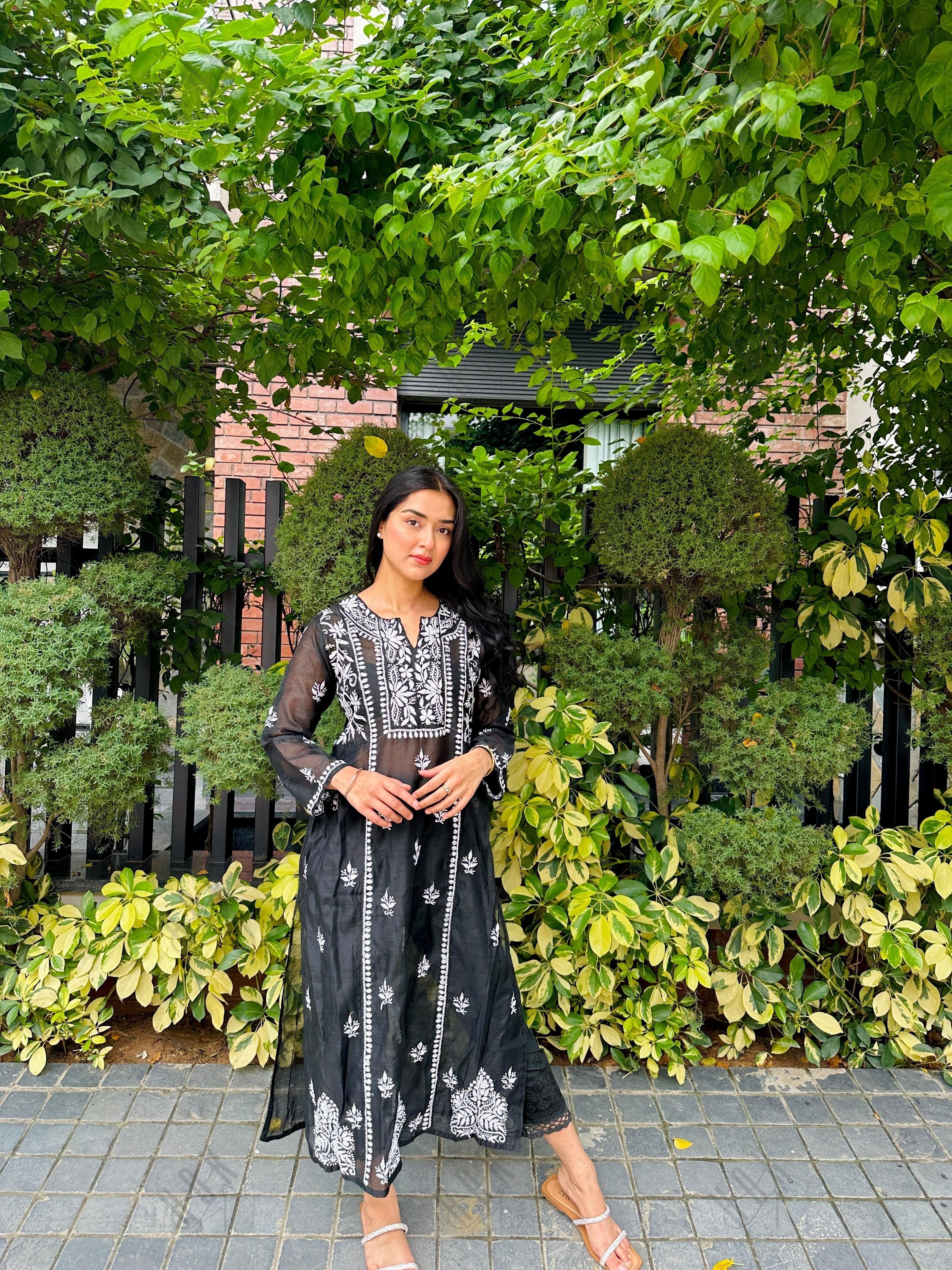 Simran in Chikankari Long Kurta in Chanderi Silk for Women- Black - House Of Kari (Chikankari Clothing)