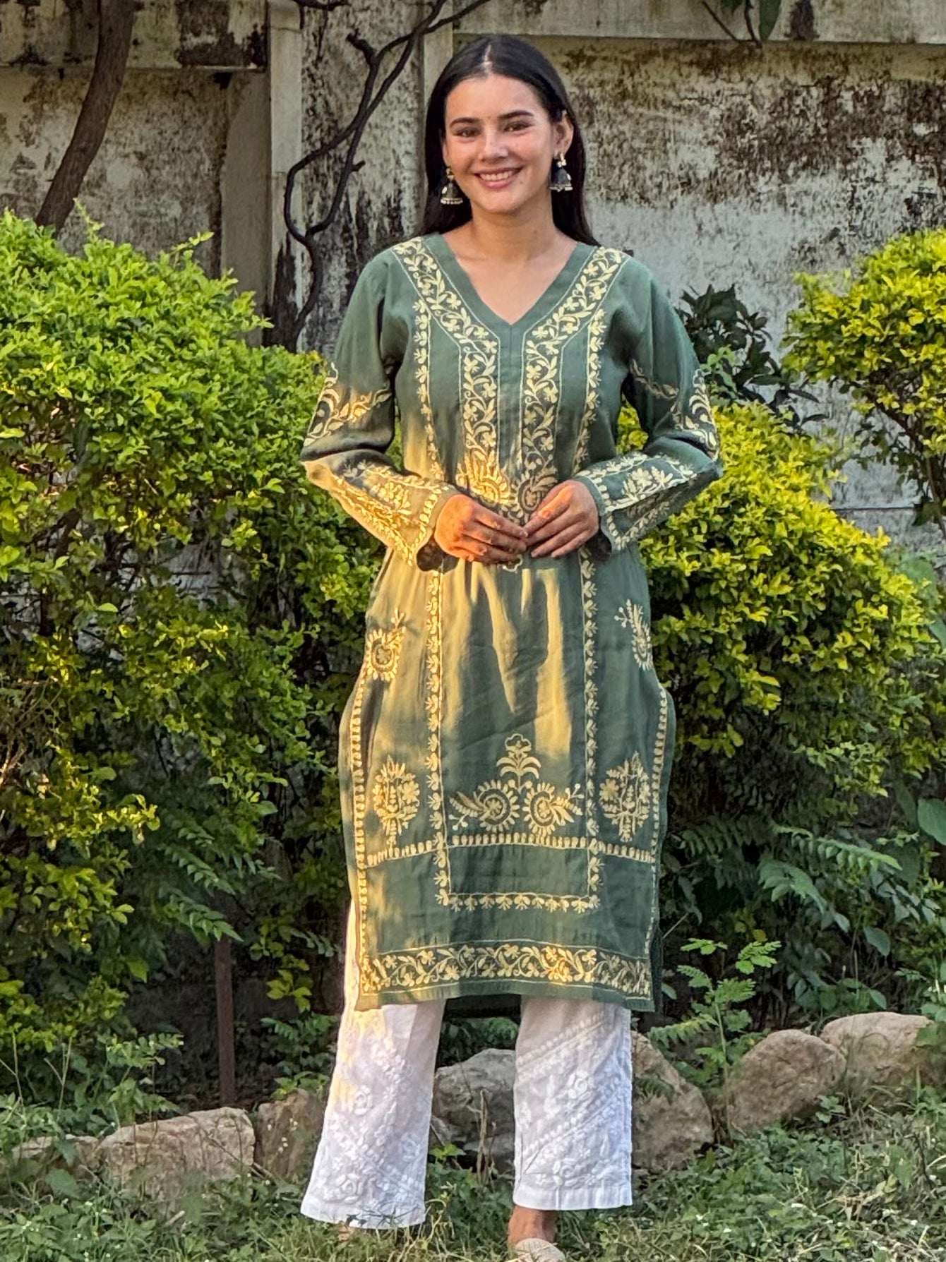 Kanchan in Saba Gold Zari Work Long Kurta In Muslin - Bottle Green