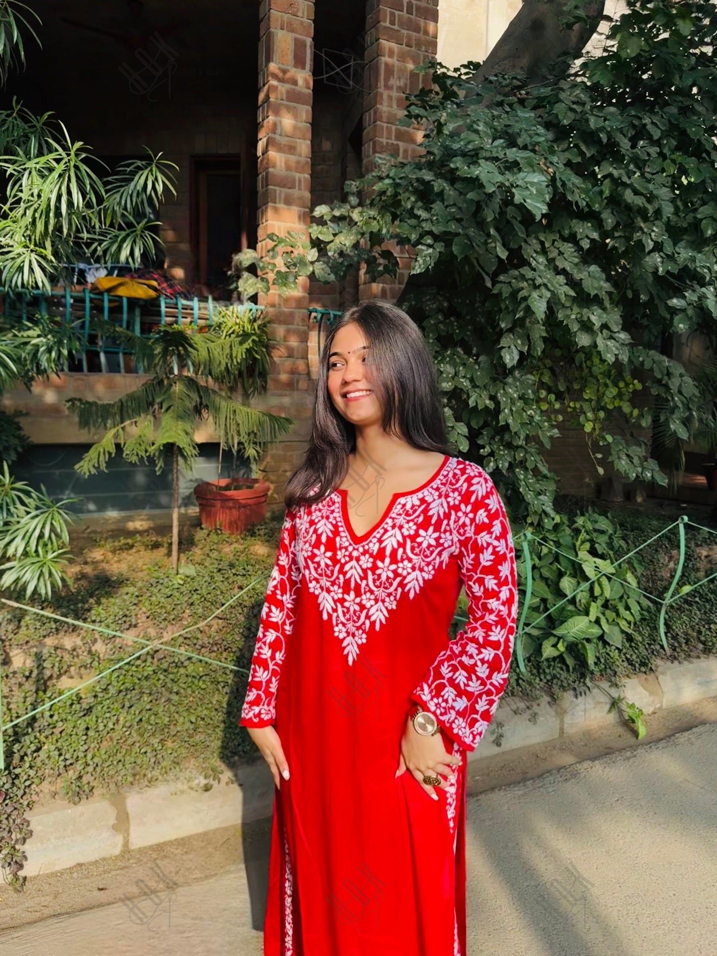 Tanu in Chikankari Radiant Red Modal Cotton Kurta