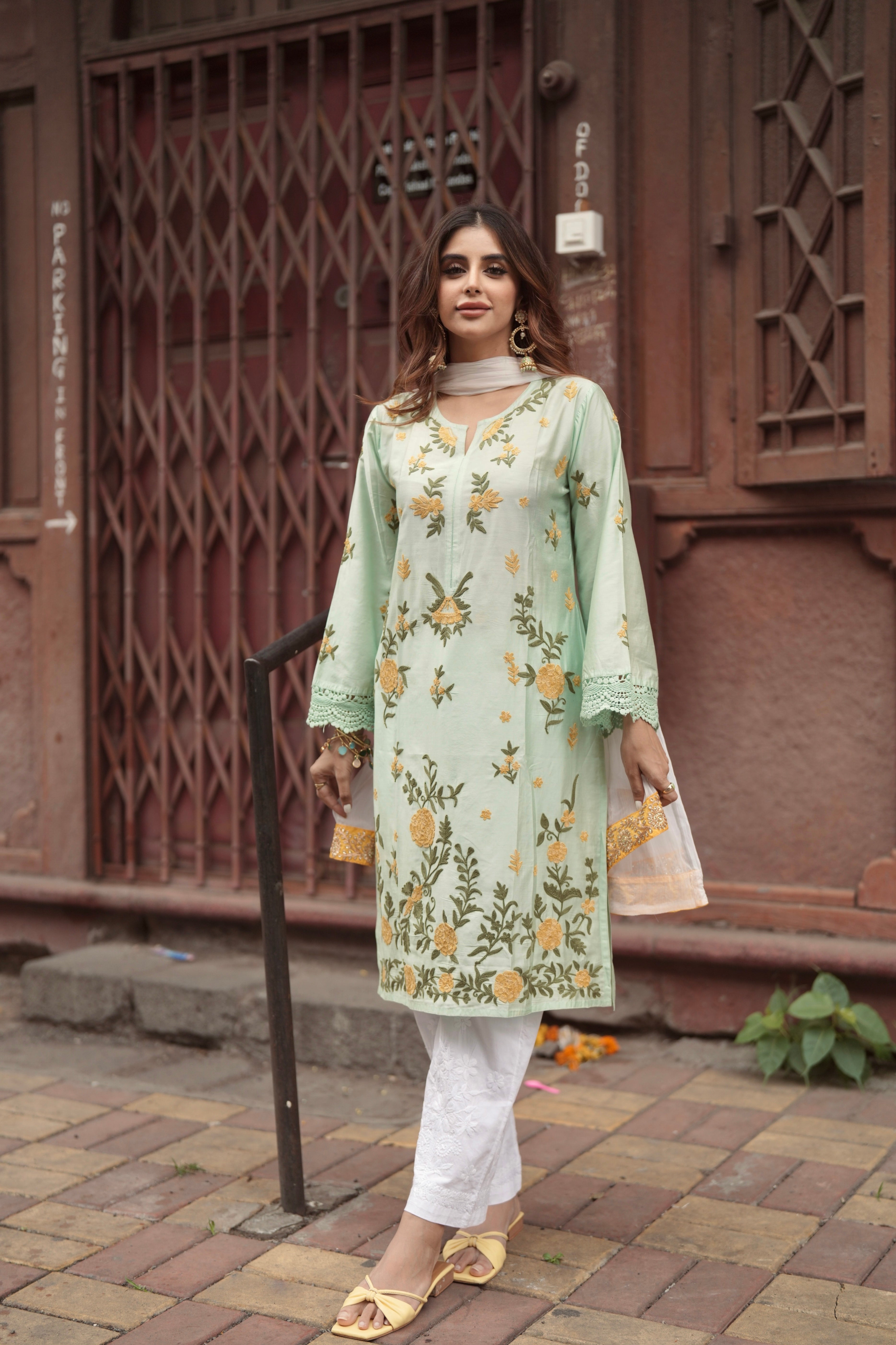 Miesha in Falak Kashmiri Long Kurta In Turquoise Green Chanderi Silk With Aari