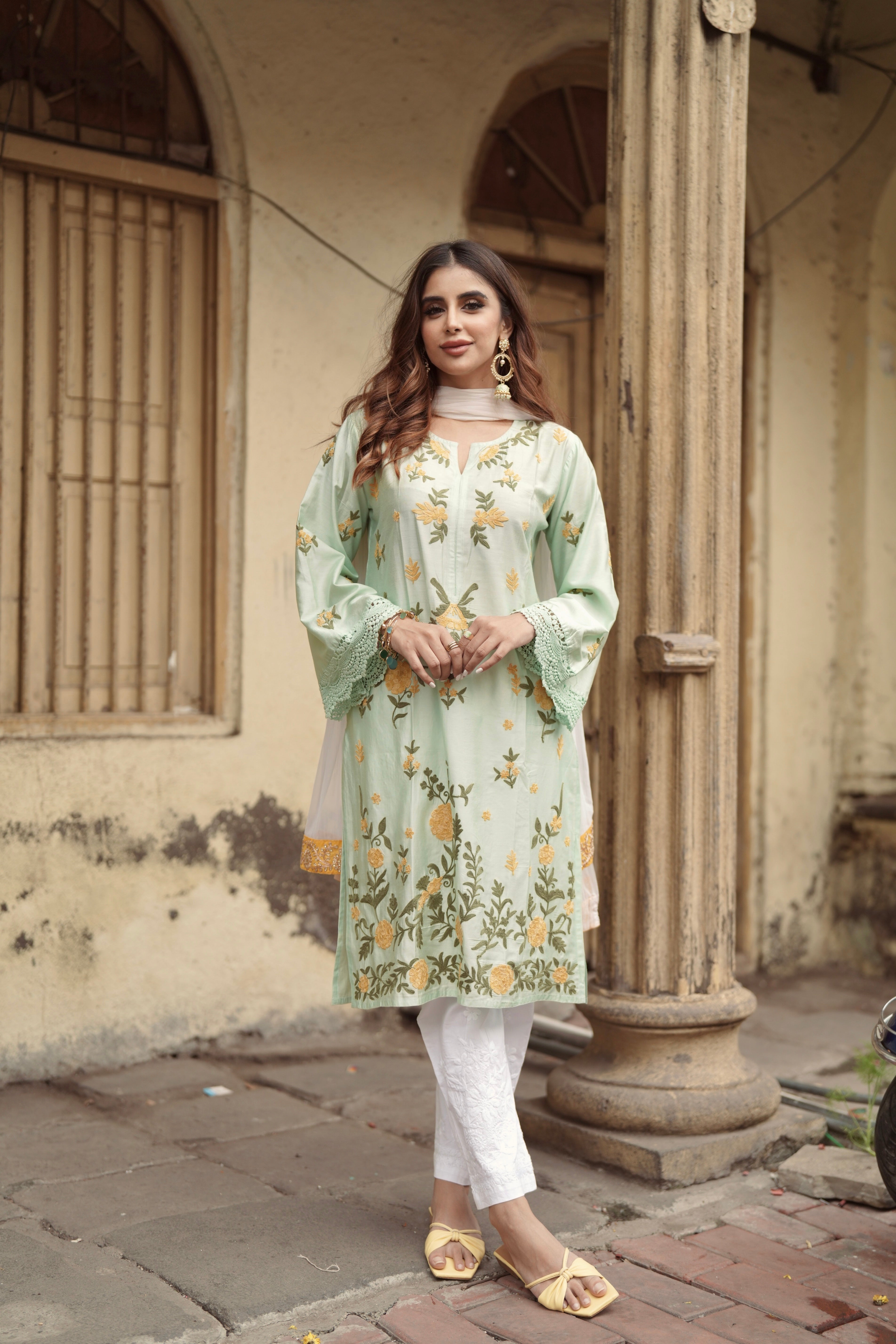 Miesha in Falak Kashmiri Long Kurta In Turquoise Green Chanderi Silk With Aari