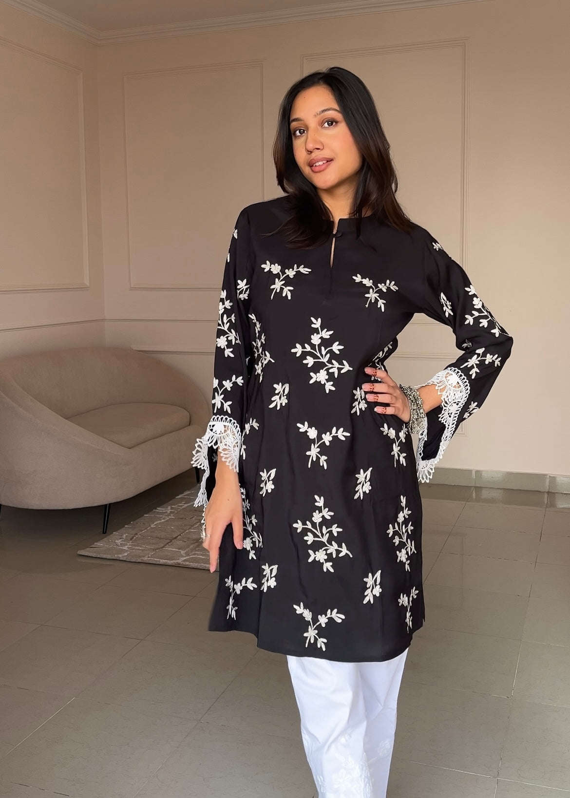 Anushka in Saba Zari Work Long Kurta In Muslin - Black