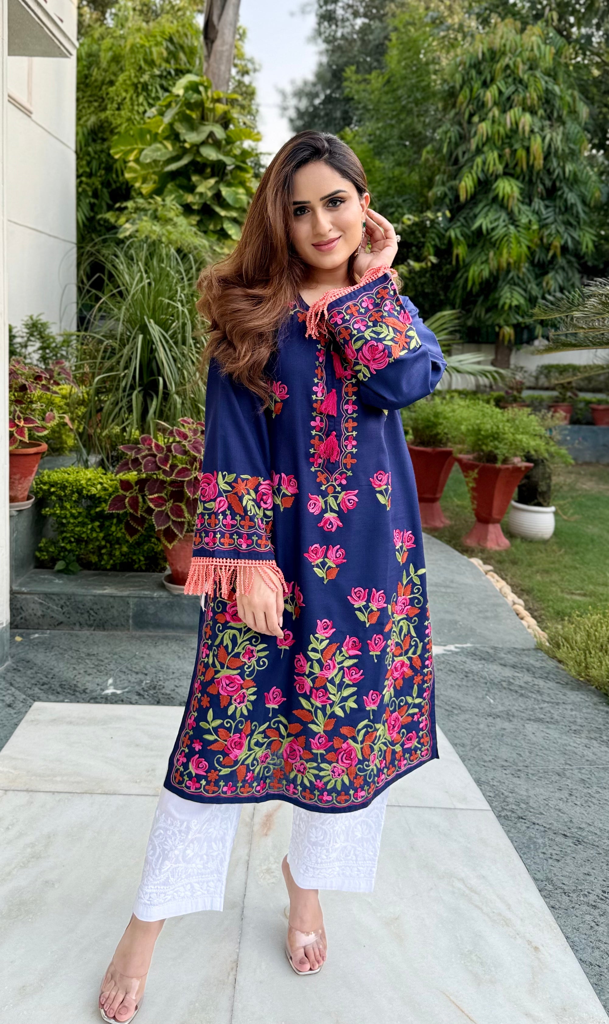 Nikita in Falak Kashmiri Long Kurta- Navy Blue