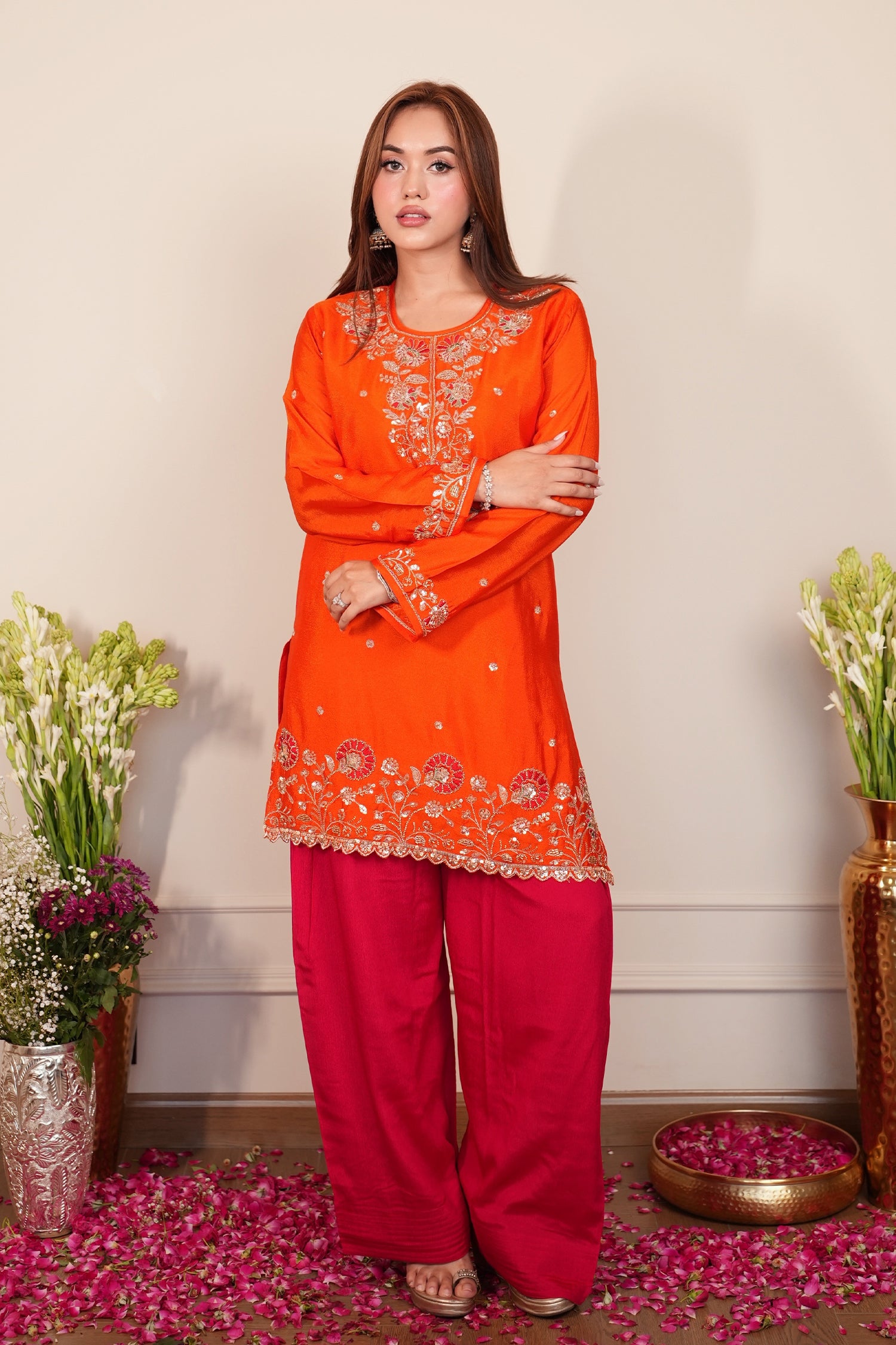 Mix Sequin  Chinnon Chiffon Embroidered Kurta Set - Orange Pink Bottom