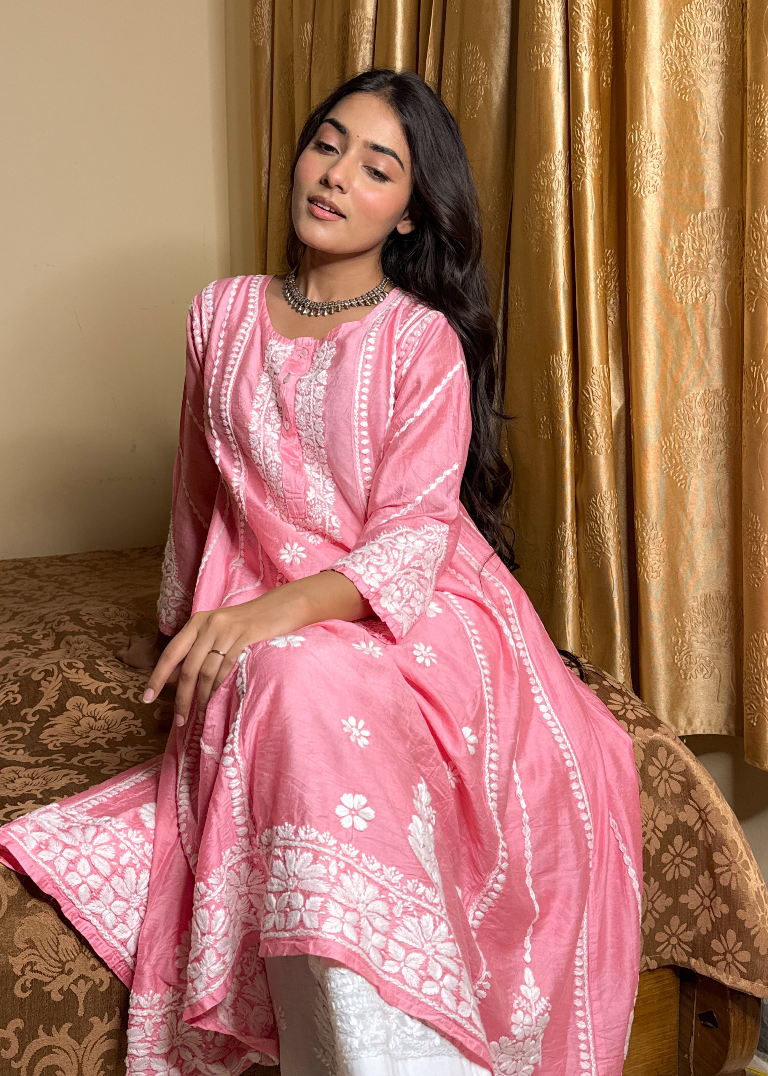 Asmeet in Saba Chanderi Silk Chikankari Long Kurta - Pink