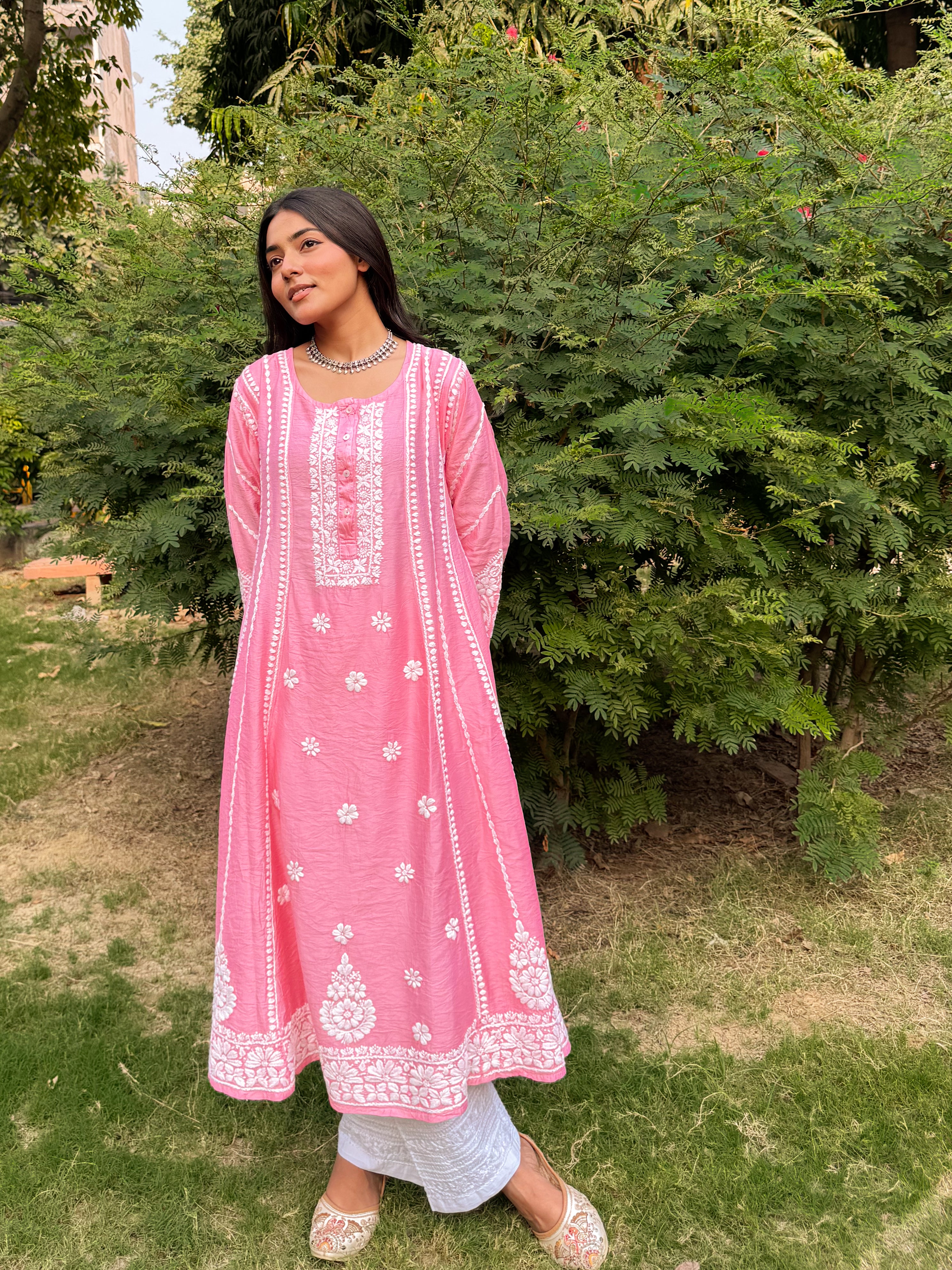 Asmeet in Saba Chanderi Silk Chikankari Long Kurta - Pink