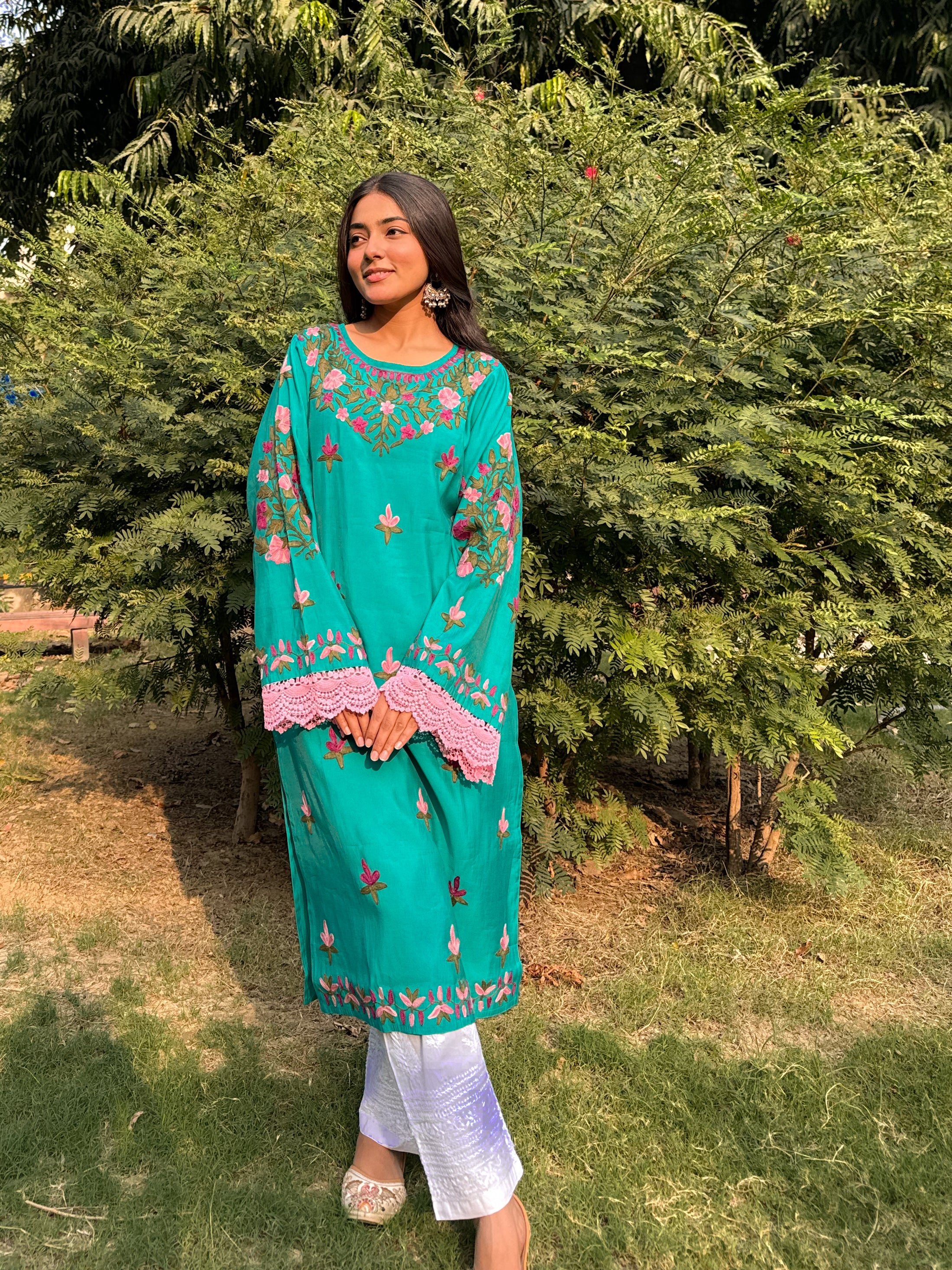 Asmeet in Falak Kashmiri Long Kurta In Turquoise Blue Muslin With Aari