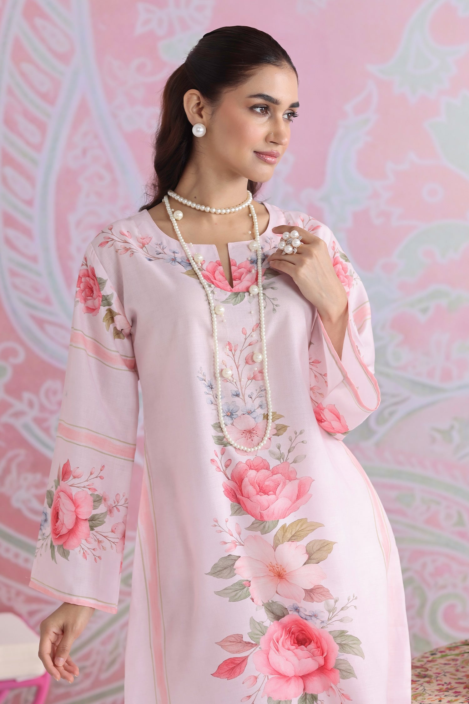 Priyanka x HOK in Blush Pink Floral Printed Lawn Cotton Kurta Set with Straight Pants