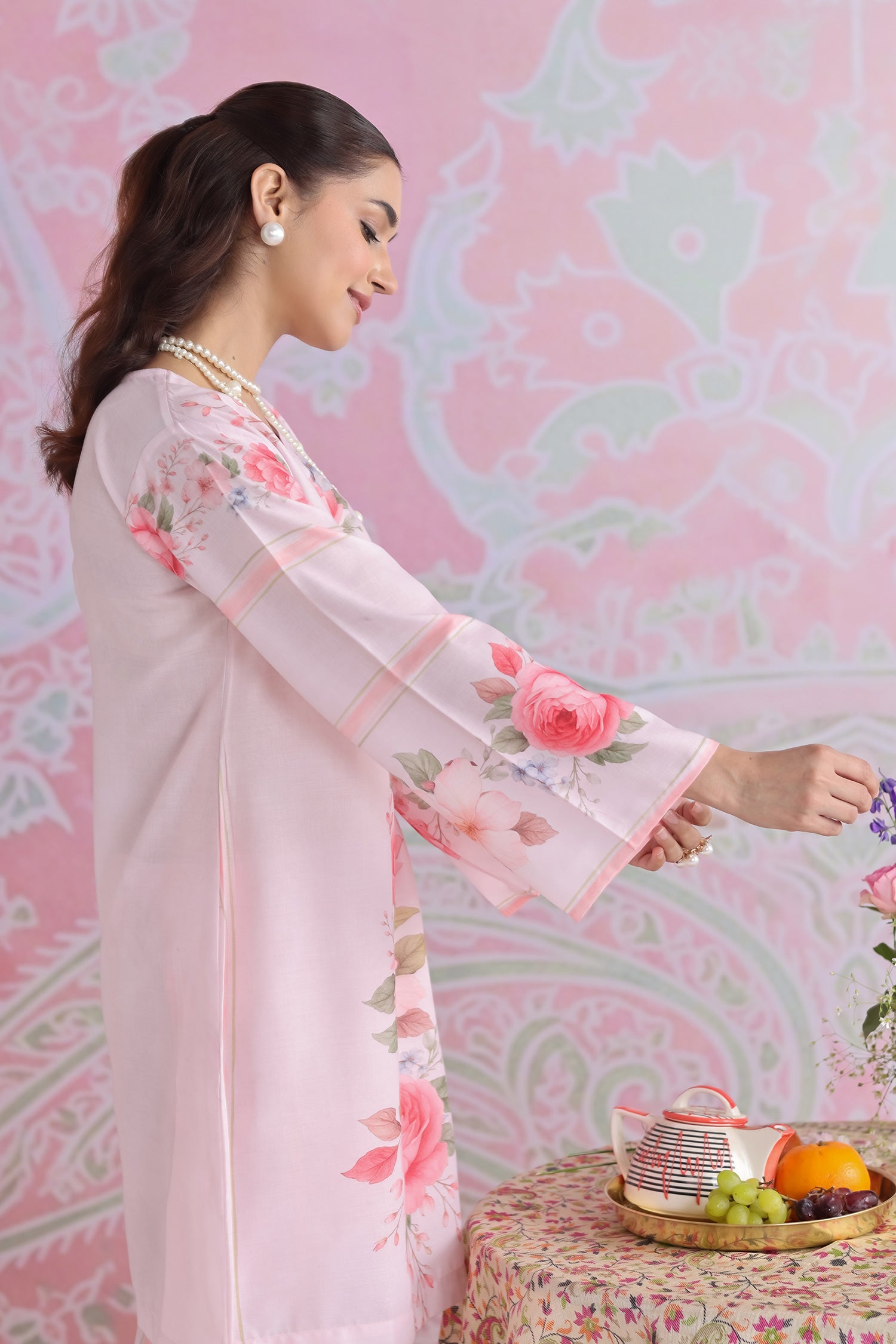 Priyanka x HOK in Blush Pink Floral Printed Lawn Cotton Kurta Set with Straight Pants