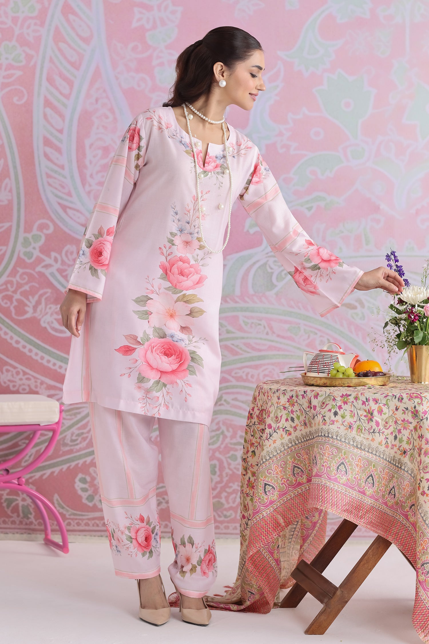 Priyanka x HOK in Blush Pink Floral Printed Lawn Cotton Kurta Set with Straight Pants