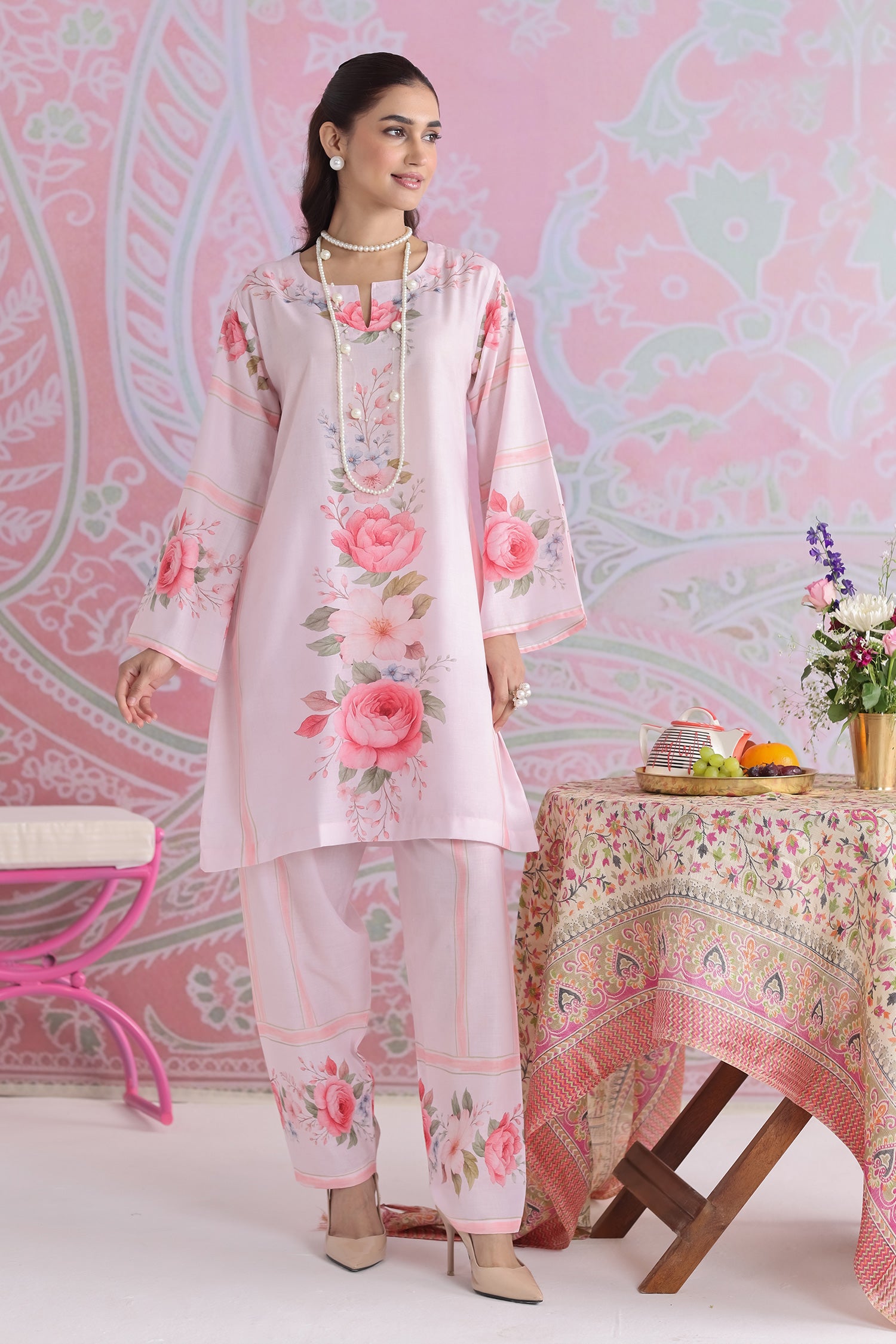 Priyanka x HOK in Blush Pink Floral Printed Lawn Cotton Kurta Set with Straight Pants