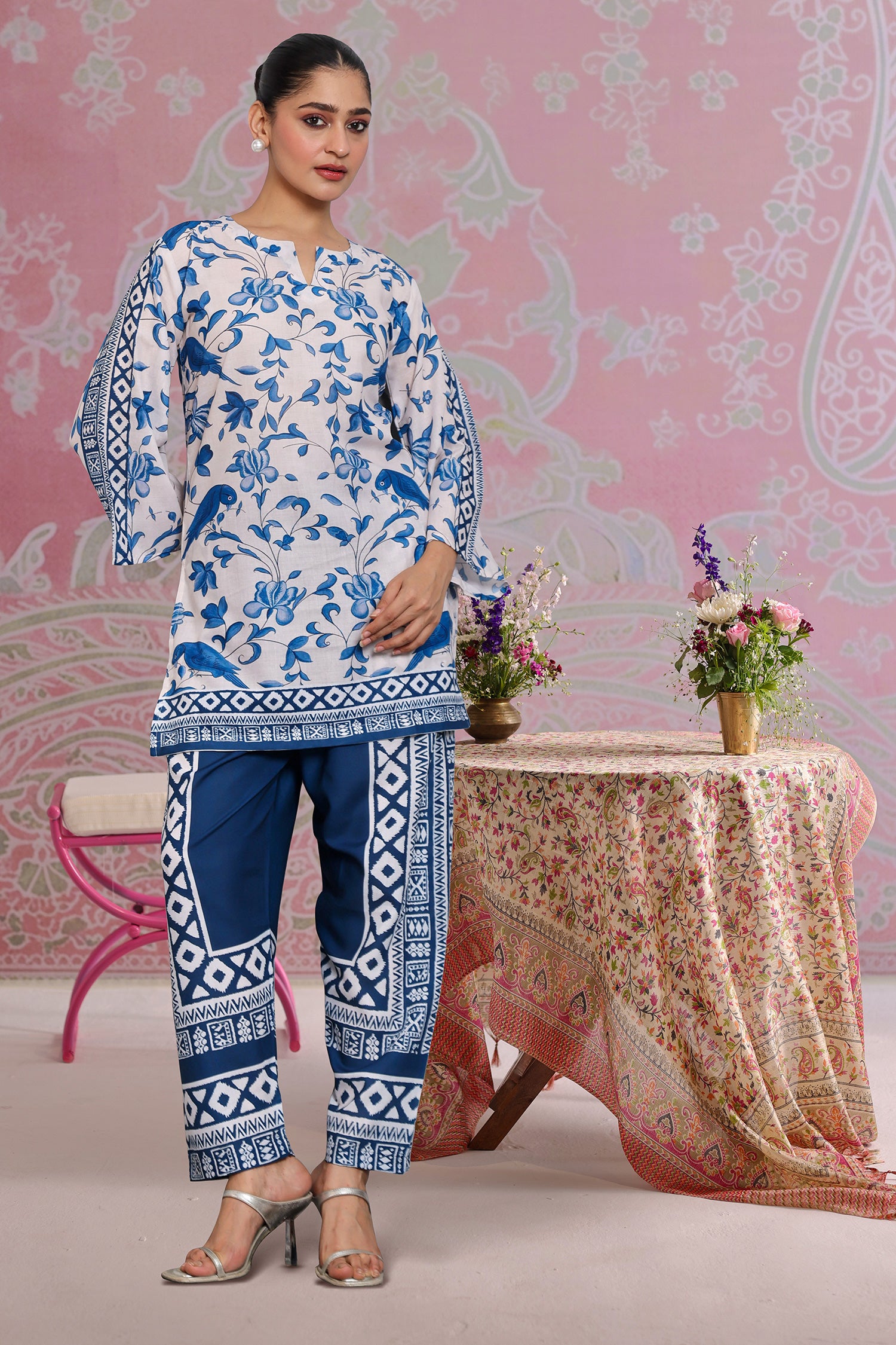 Neha x HOK in Ivory & Indigo Printed Lawn Cotton Co-ord Set with Straight Pants