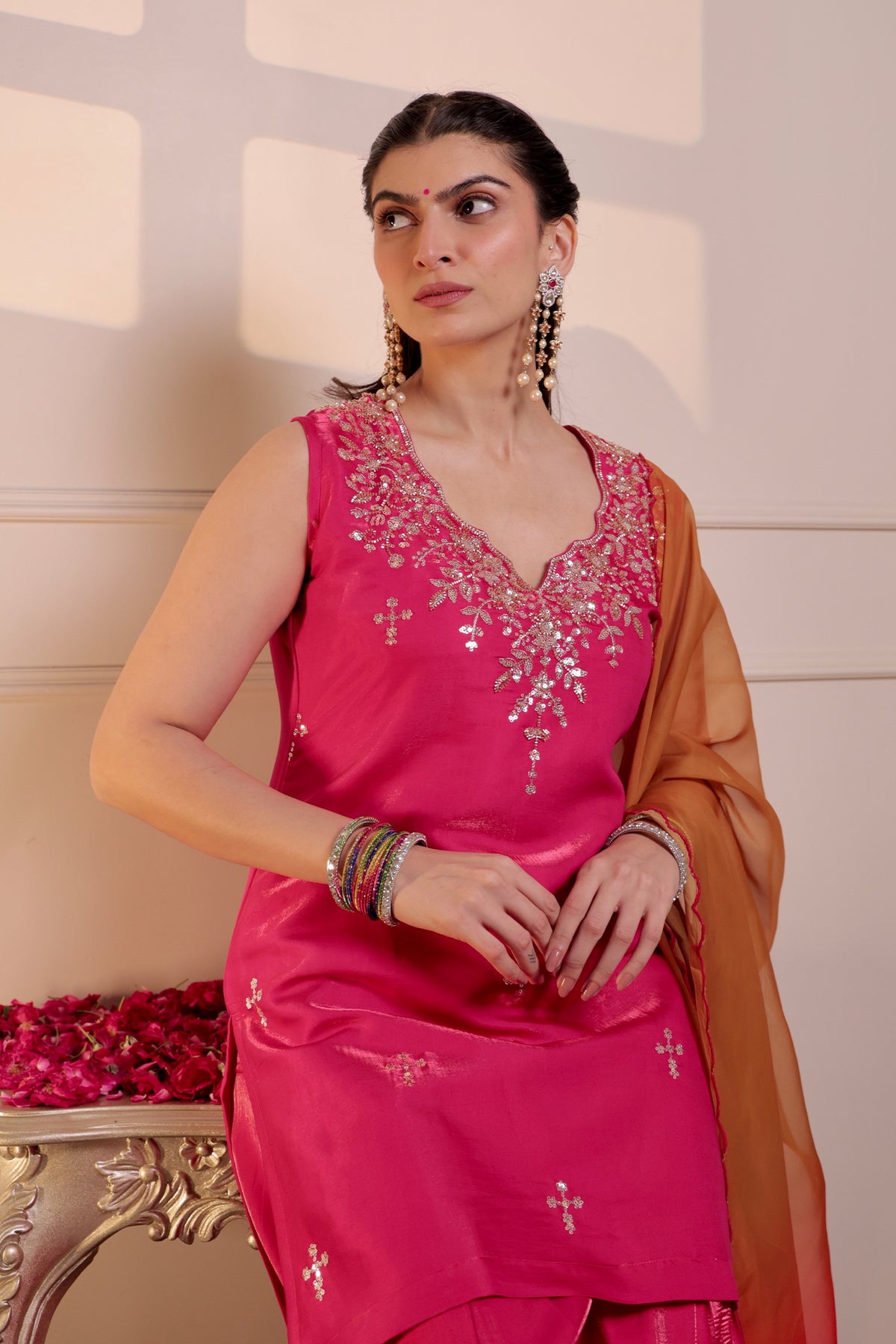 Sleeveless Sequin Sheesha Silk Farsi Kurta Set in Fuchsia Pink
