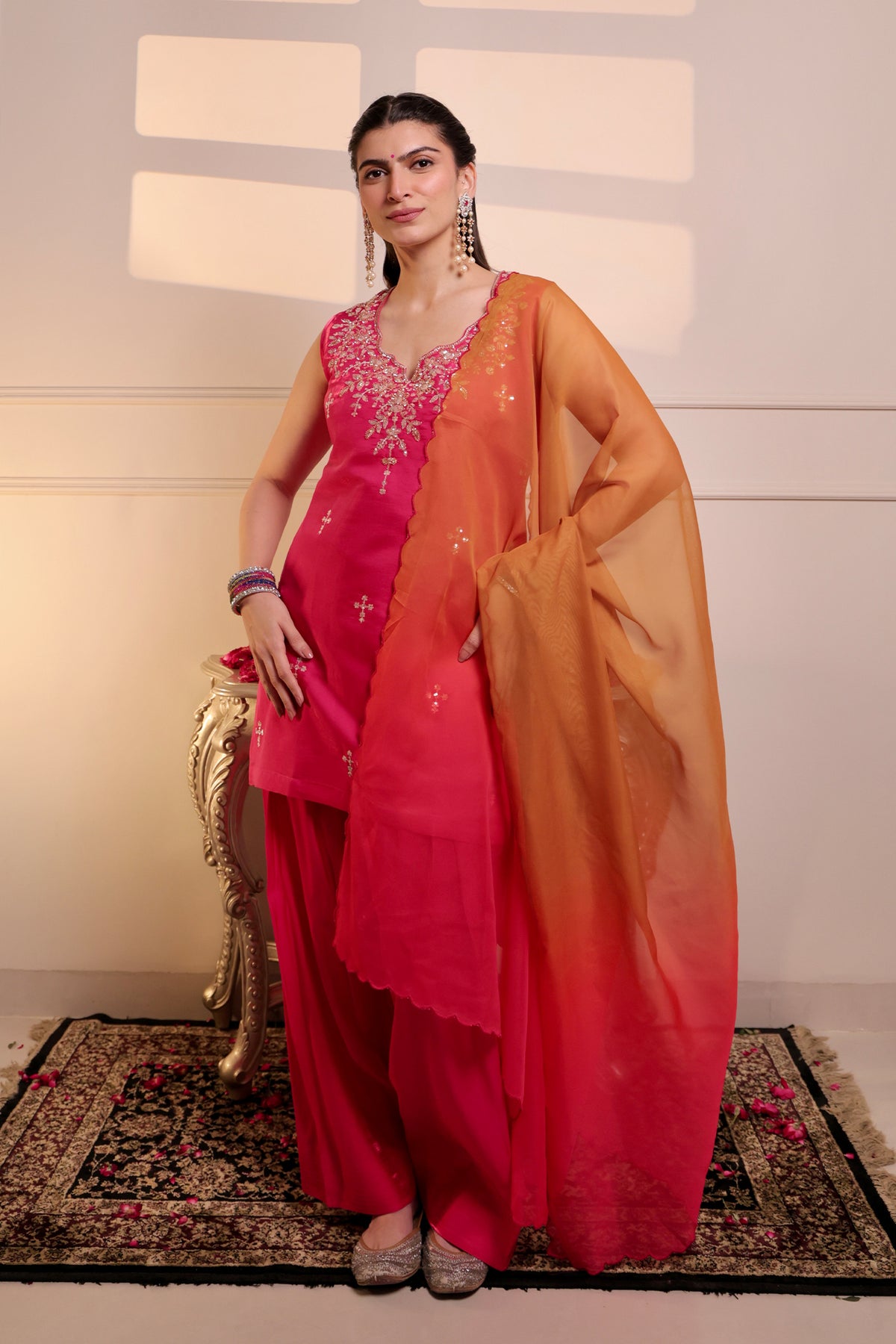 Sleeveless Sequin Sheesha Silk Farsi Kurta Set in Fuchsia Pink