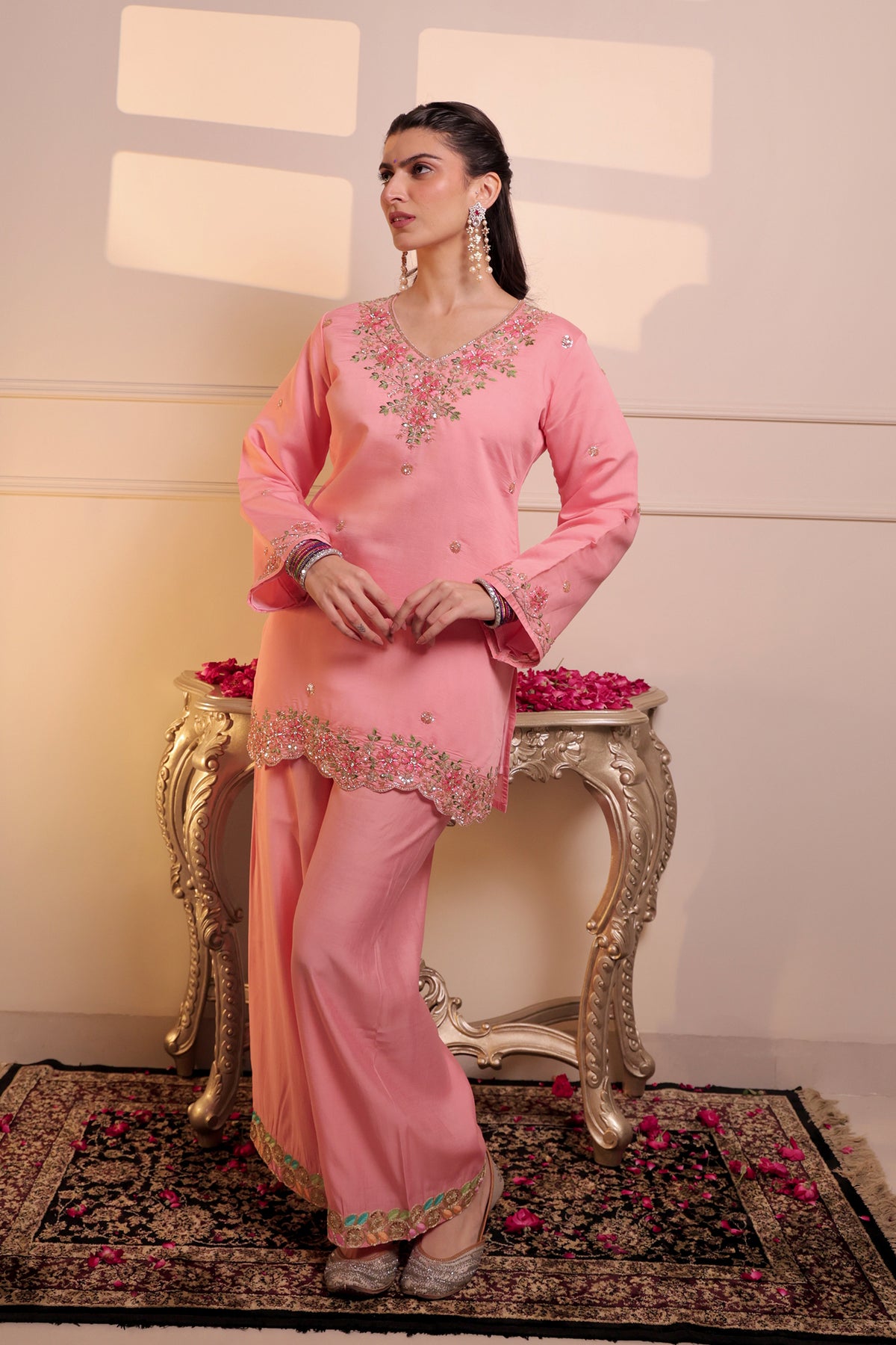 Mix Sequin Sheesha Silk Loose Pant Kurta Set in Pastel Pink