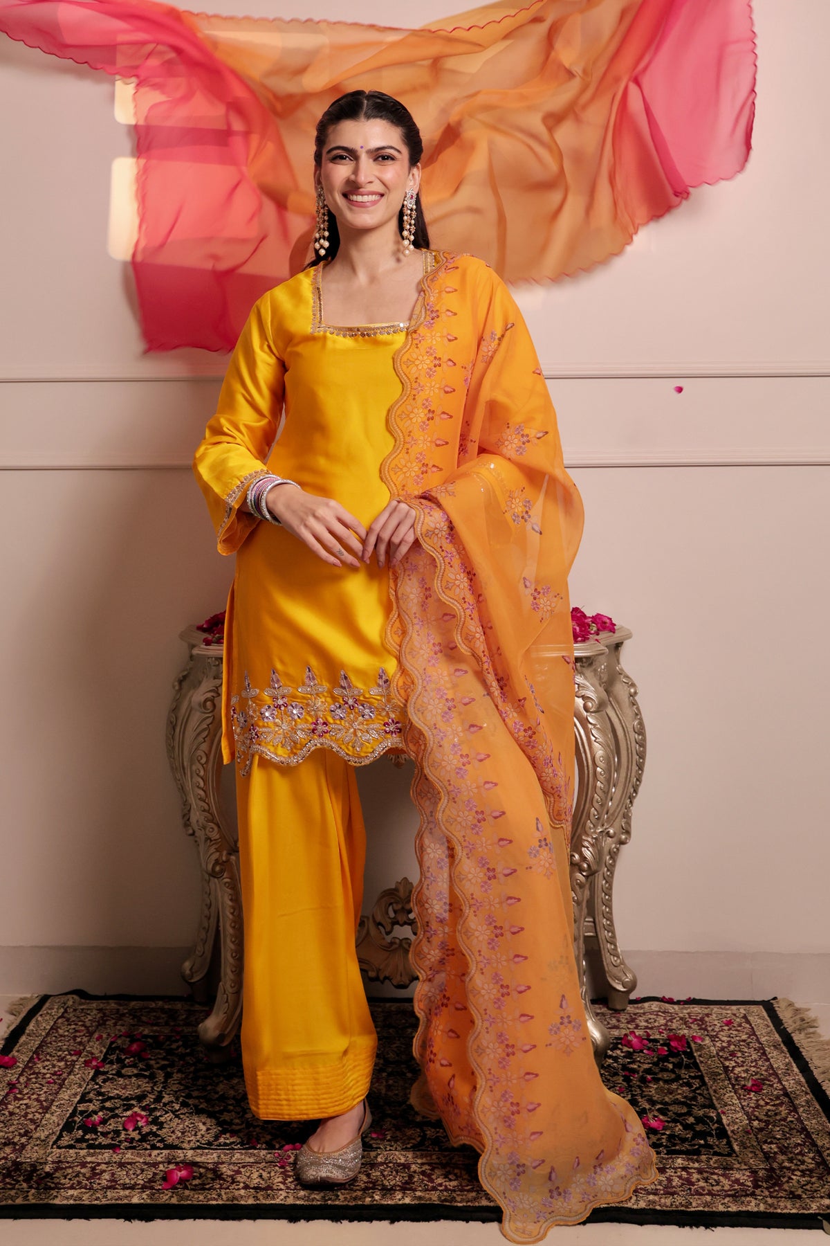 Printed Organza Dupatta in Mustard Yellow