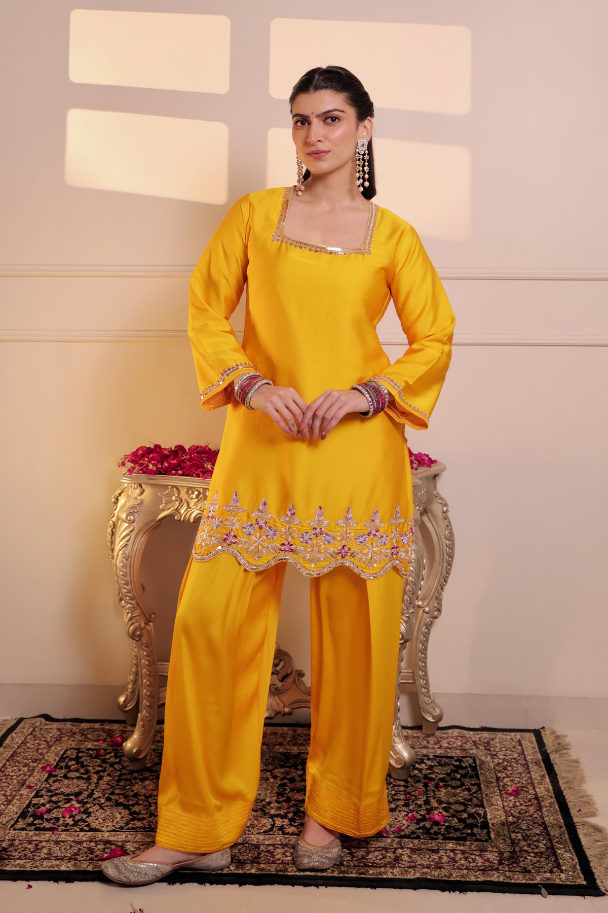 Mix Sequin Golmol Farsi Kurta Set in Mustard in Yellow