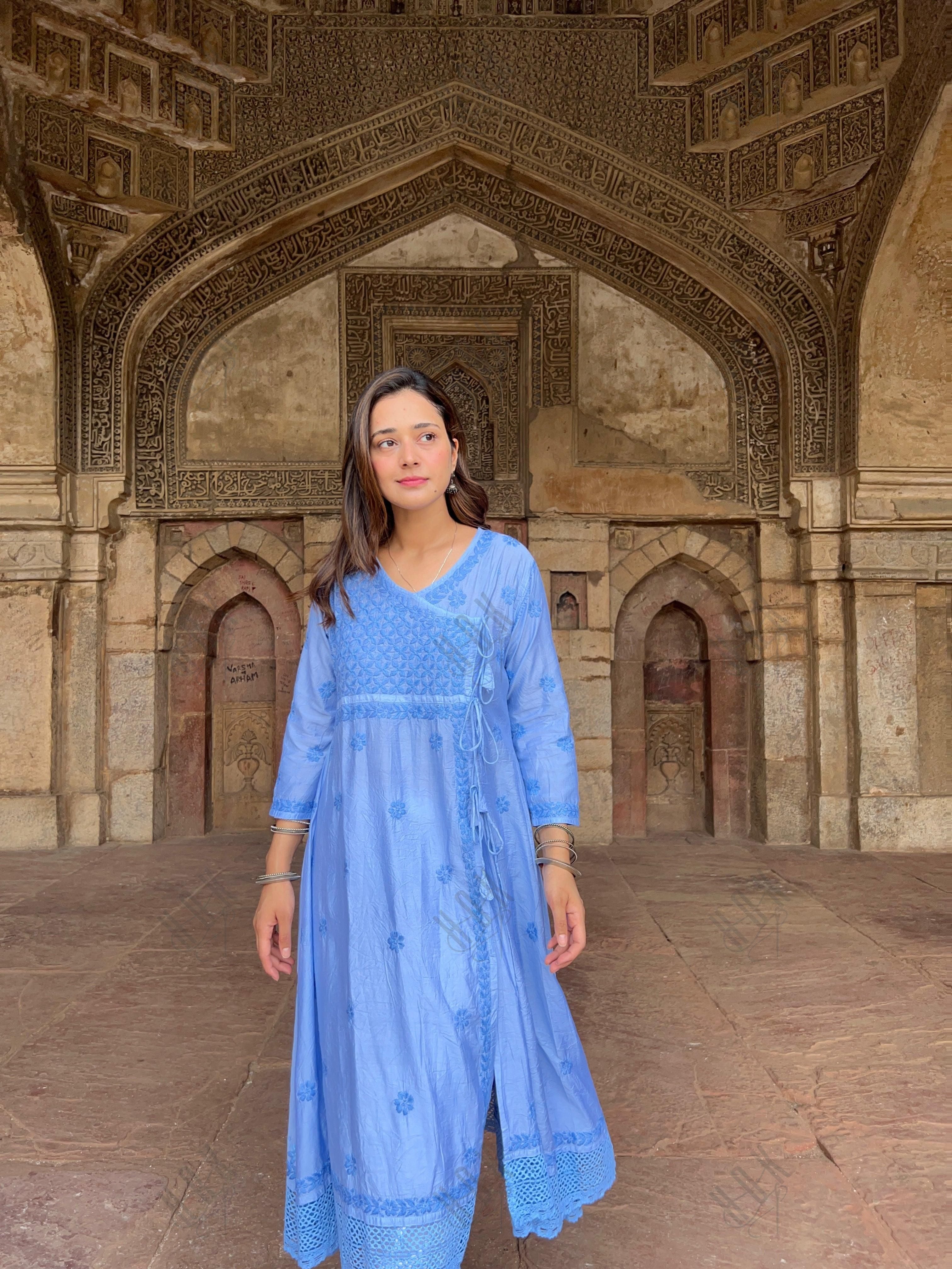 Vani in HOK Chikankari Angrakha Long Kurta in Chanderi Silk for Women - Blue - House Of Kari (Chikankari Clothing)