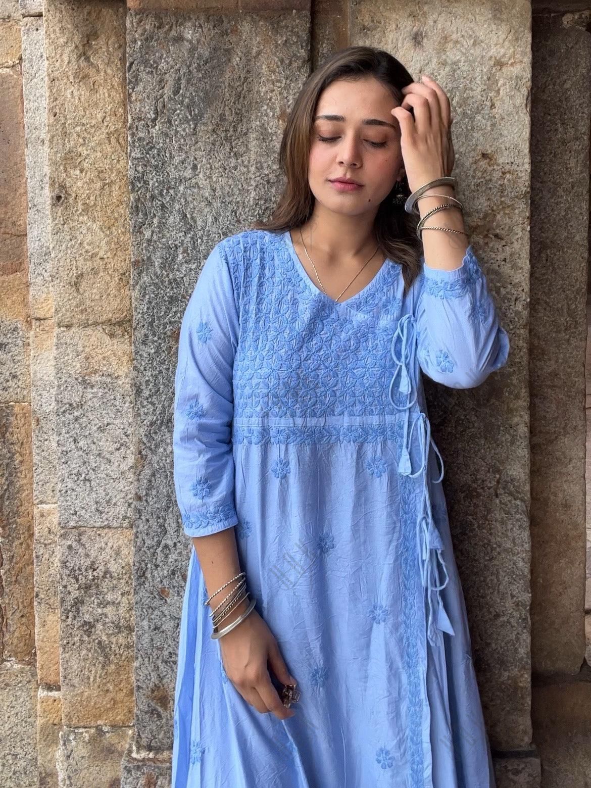 Vani in HOK Chikankari Angrakha Long Kurta in Chanderi Silk for Women - Blue - House Of Kari (Chikankari Clothing)